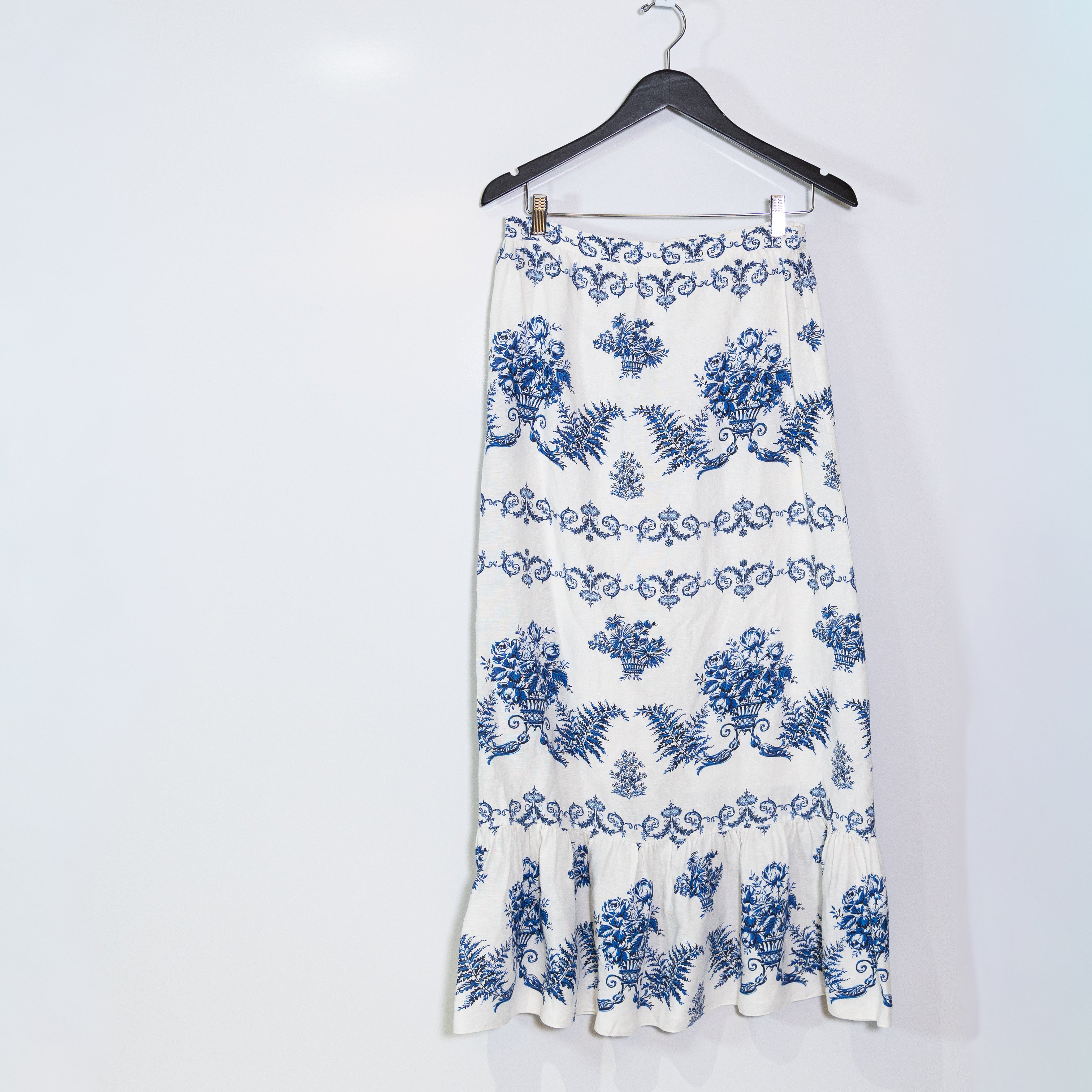 Sachin & Babi Austin Linen Blend Blue White Print Pattern Ruffle Maxi Skirt S