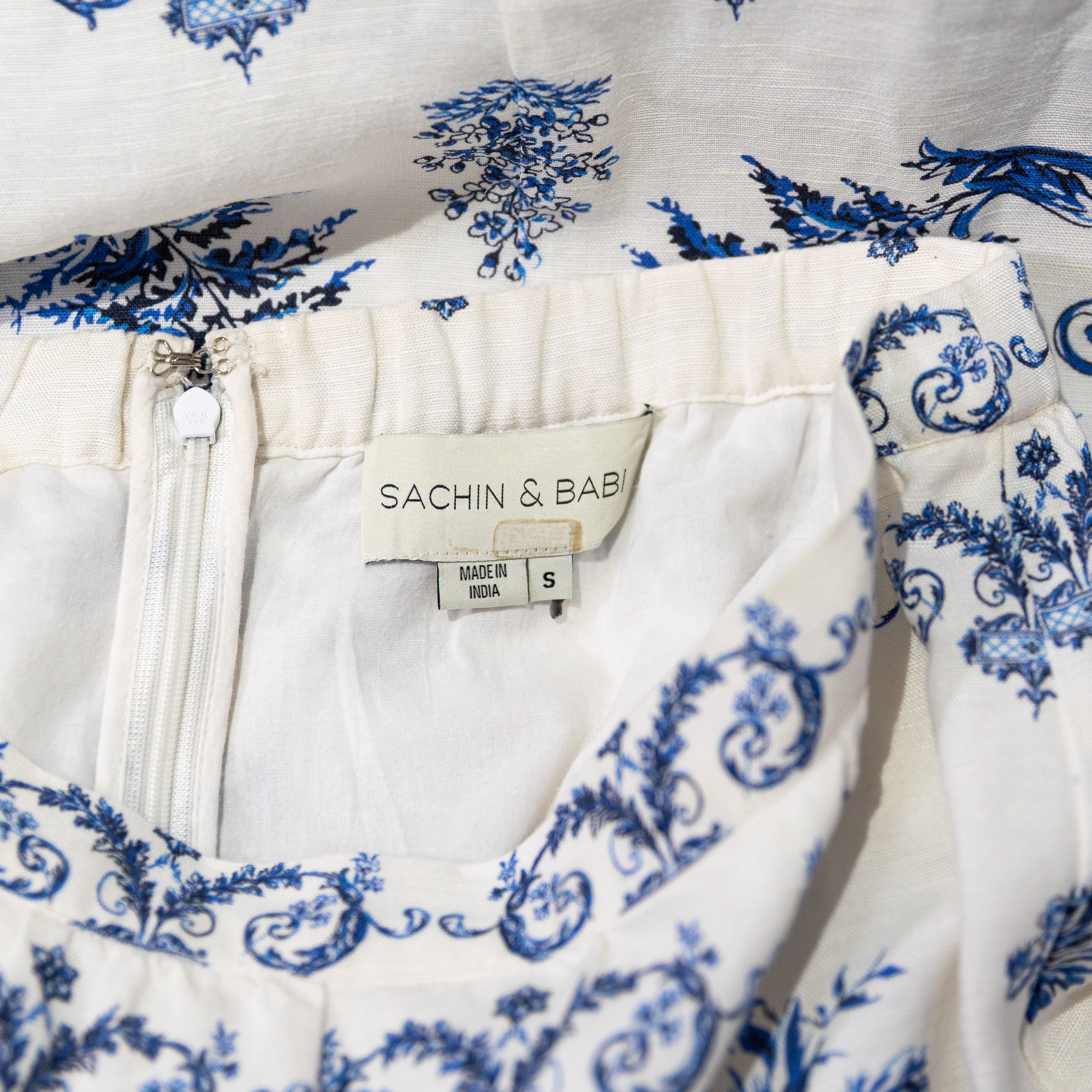 Sachin & Babi Austin Linen Blend Blue White Print Pattern Ruffle Maxi Skirt S
