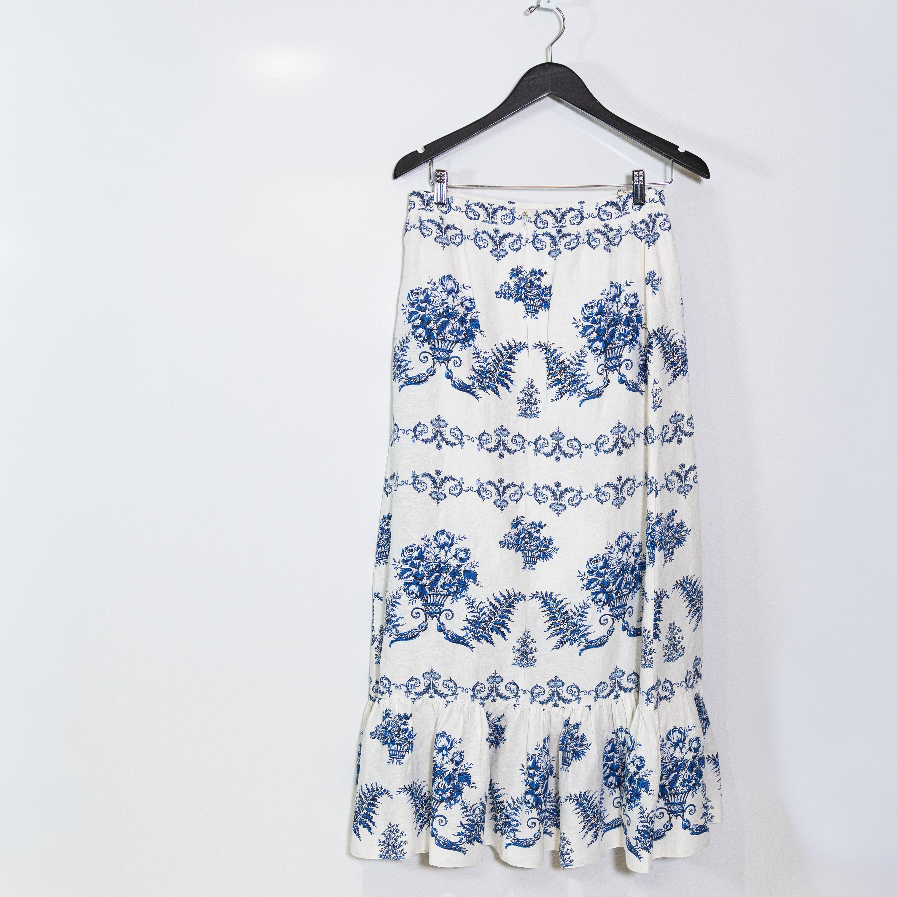 Sachin & Babi Austin Linen Blend Blue White Print Pattern Ruffle Maxi Skirt S