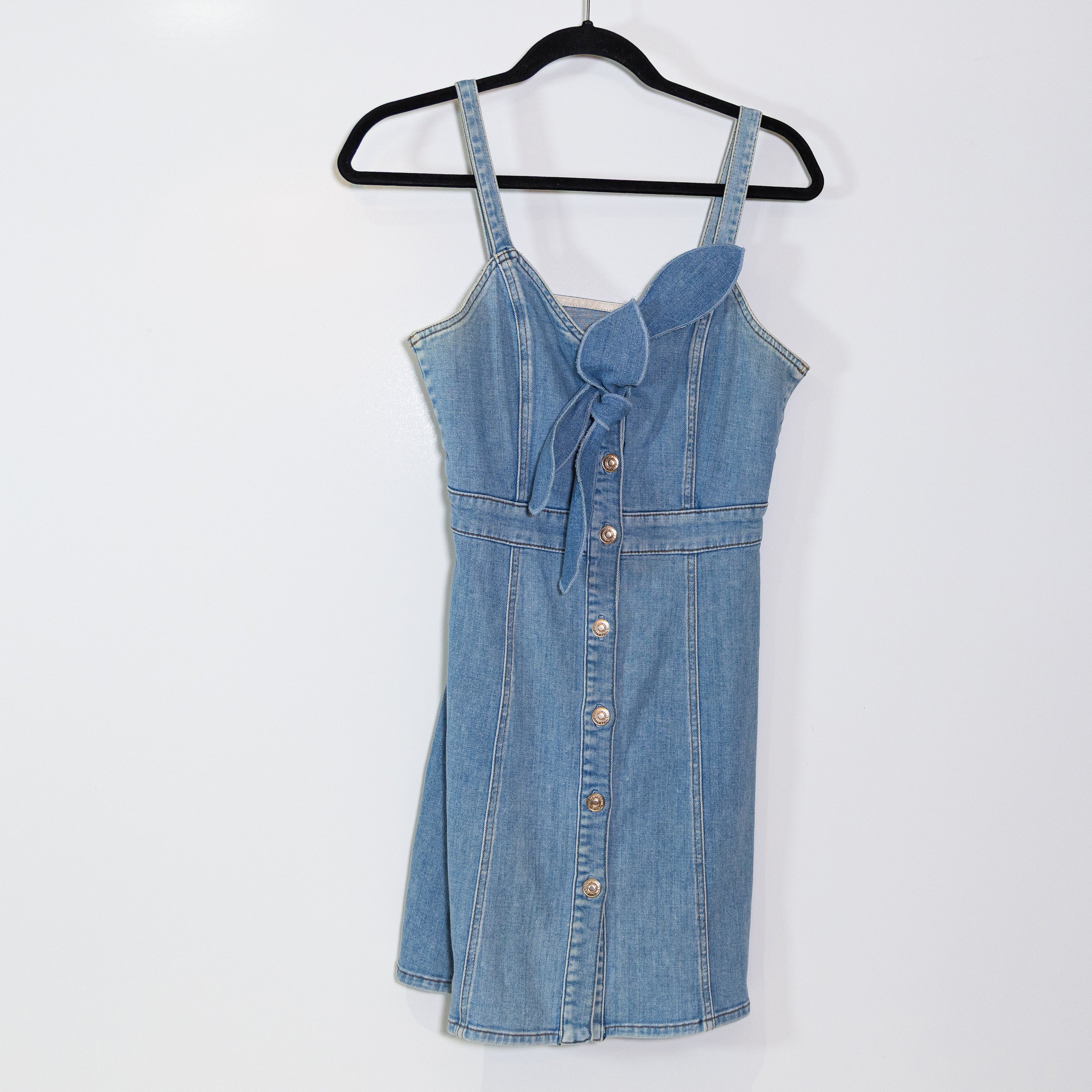 7 For All Mankind Cotton Stretch Double Bow Denim Jean Button Front Mini Dress S