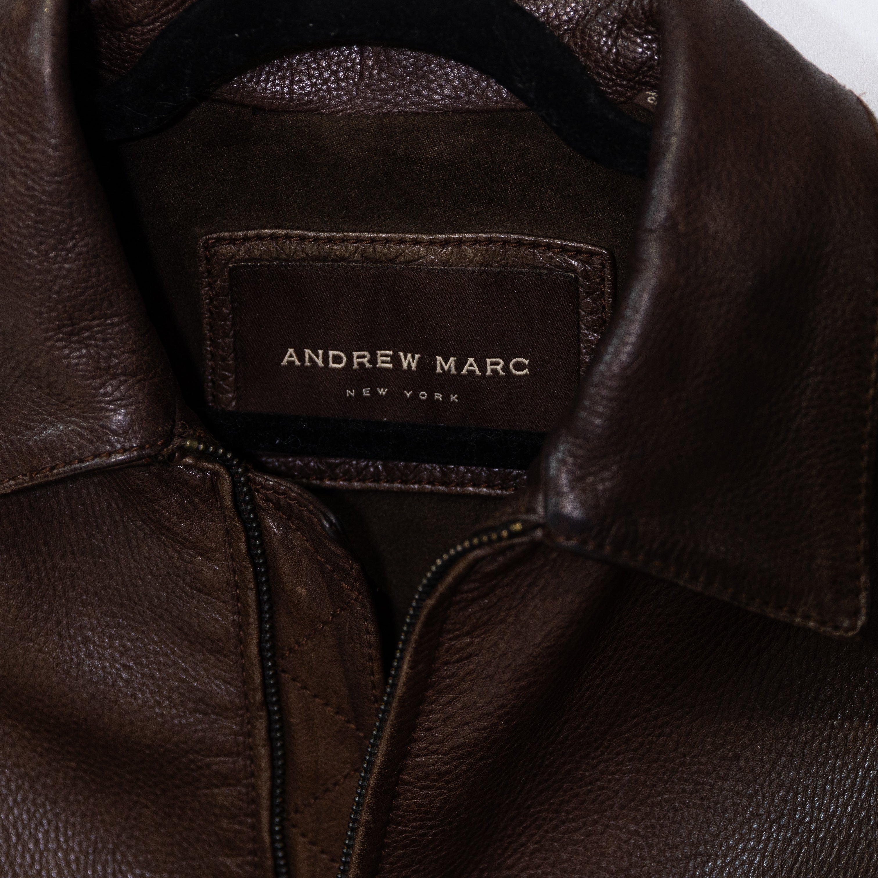 Andrew Marc Men's Genuine Leather Collared Full Zip Jacket Coat Brown Large