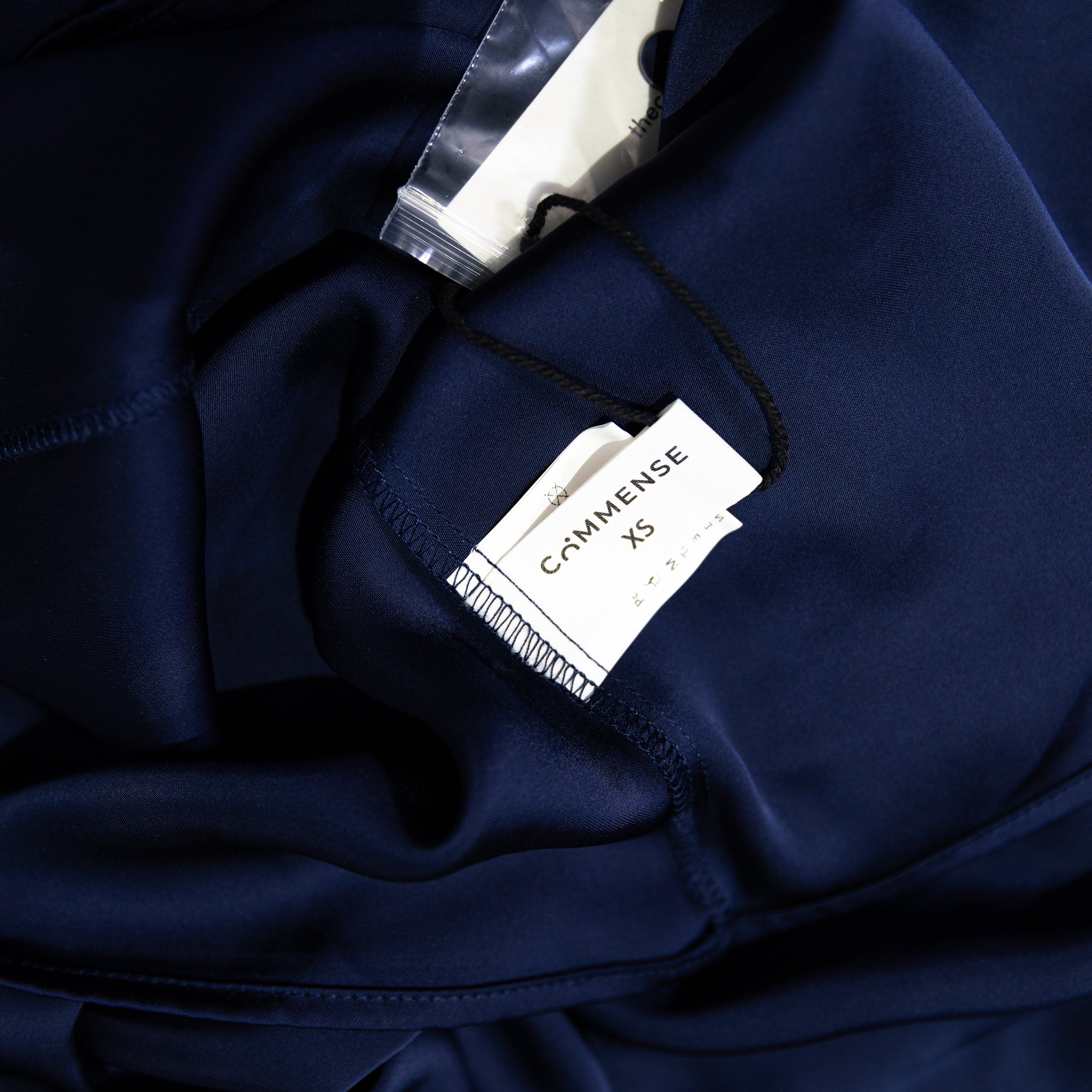 NEW Commense Satin Draped Long Sleeve Mock Neck Blouse Navy Blue XS