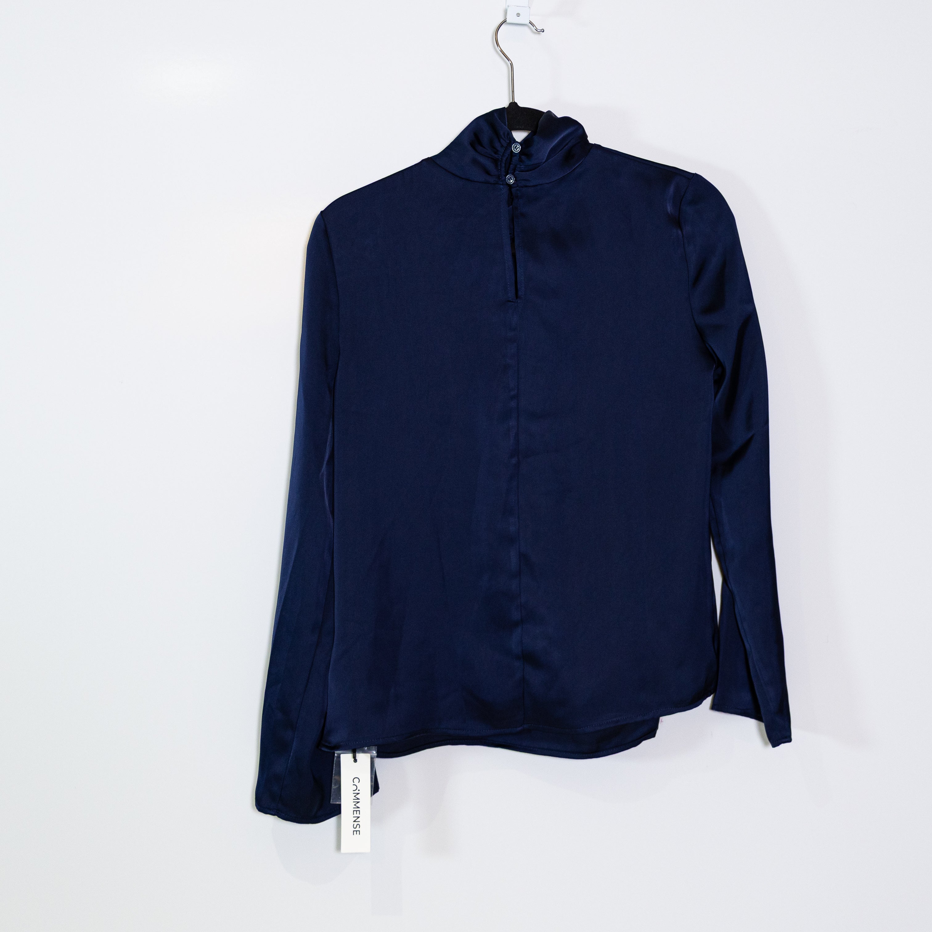 NEW Commense Satin Draped Long Sleeve Mock Neck Blouse Navy Blue XS