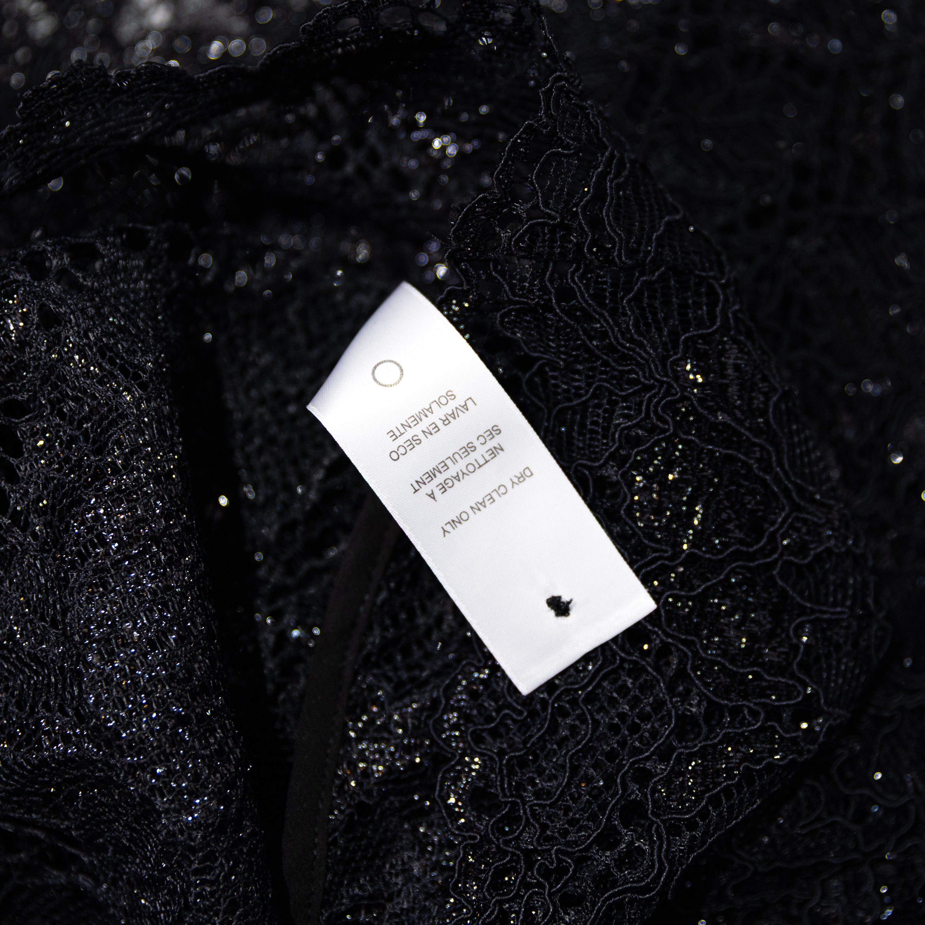 Frame Flutter Long Sleeve Crochet Knit Allover Sheer Lace Blouse Black Metallic