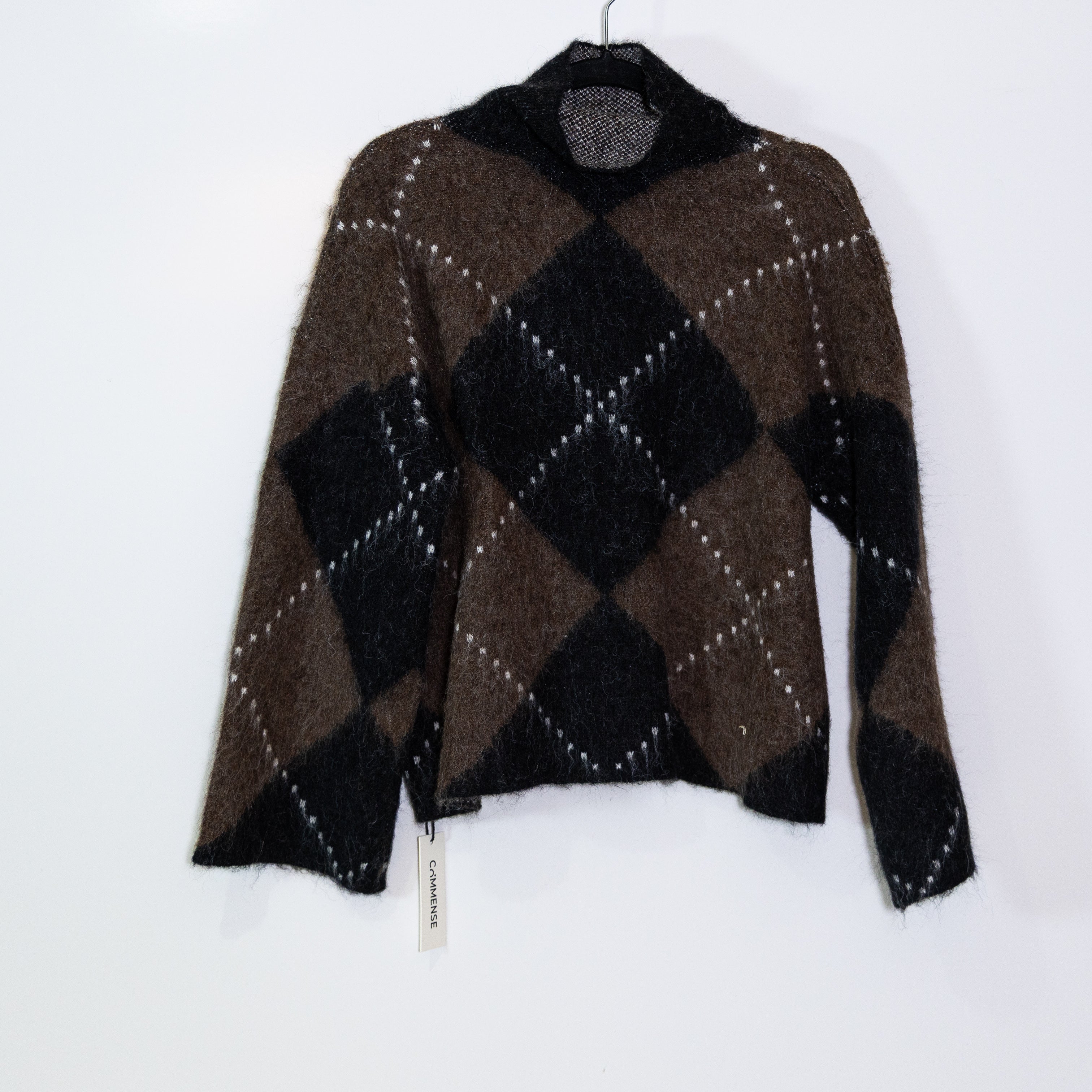 NEW Commense Wool Blend Mock Neck Fuzzy Knit Stretch Argyle Sweater Brown S