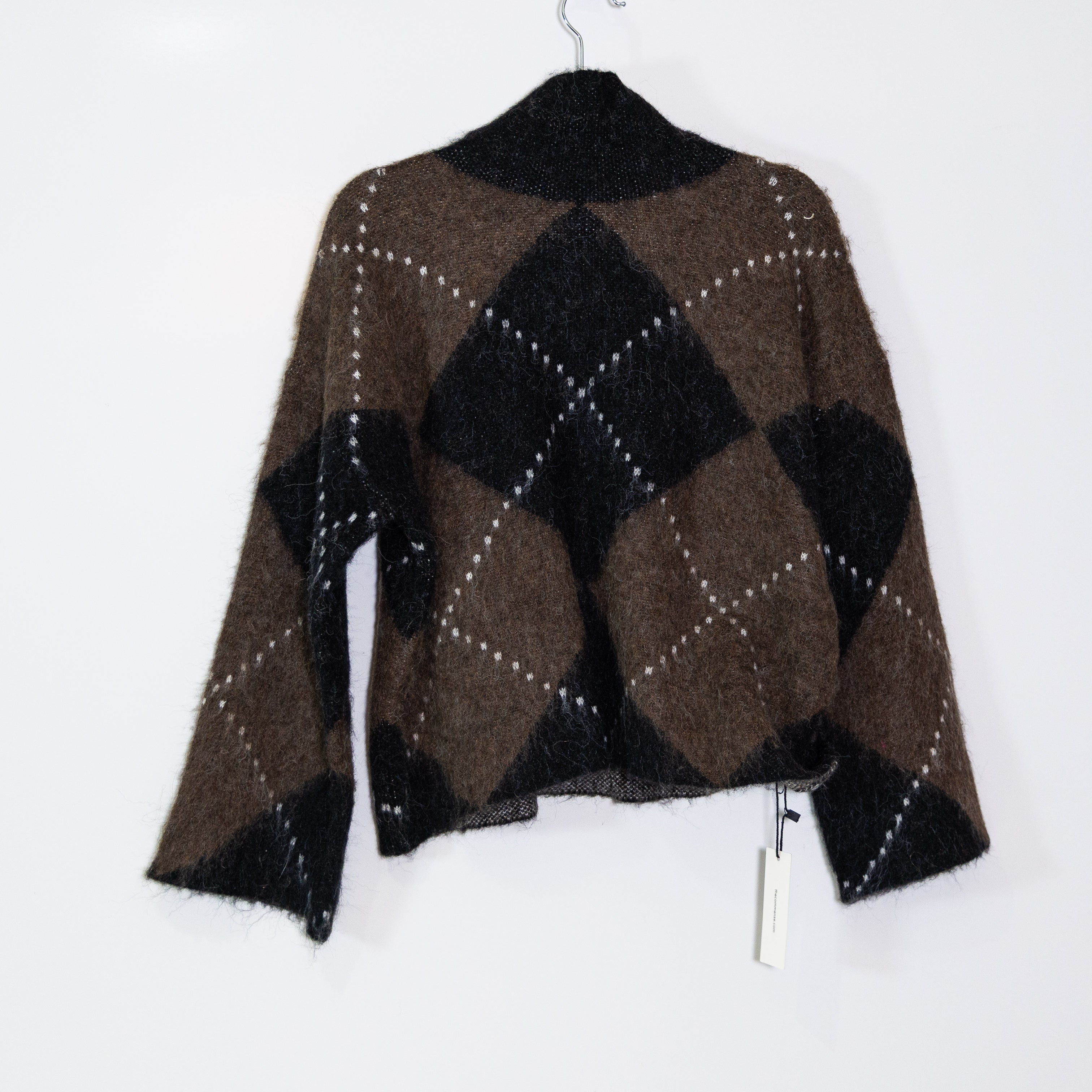 NEW Commense Wool Blend Mock Neck Fuzzy Knit Stretch Argyle Sweater Brown S