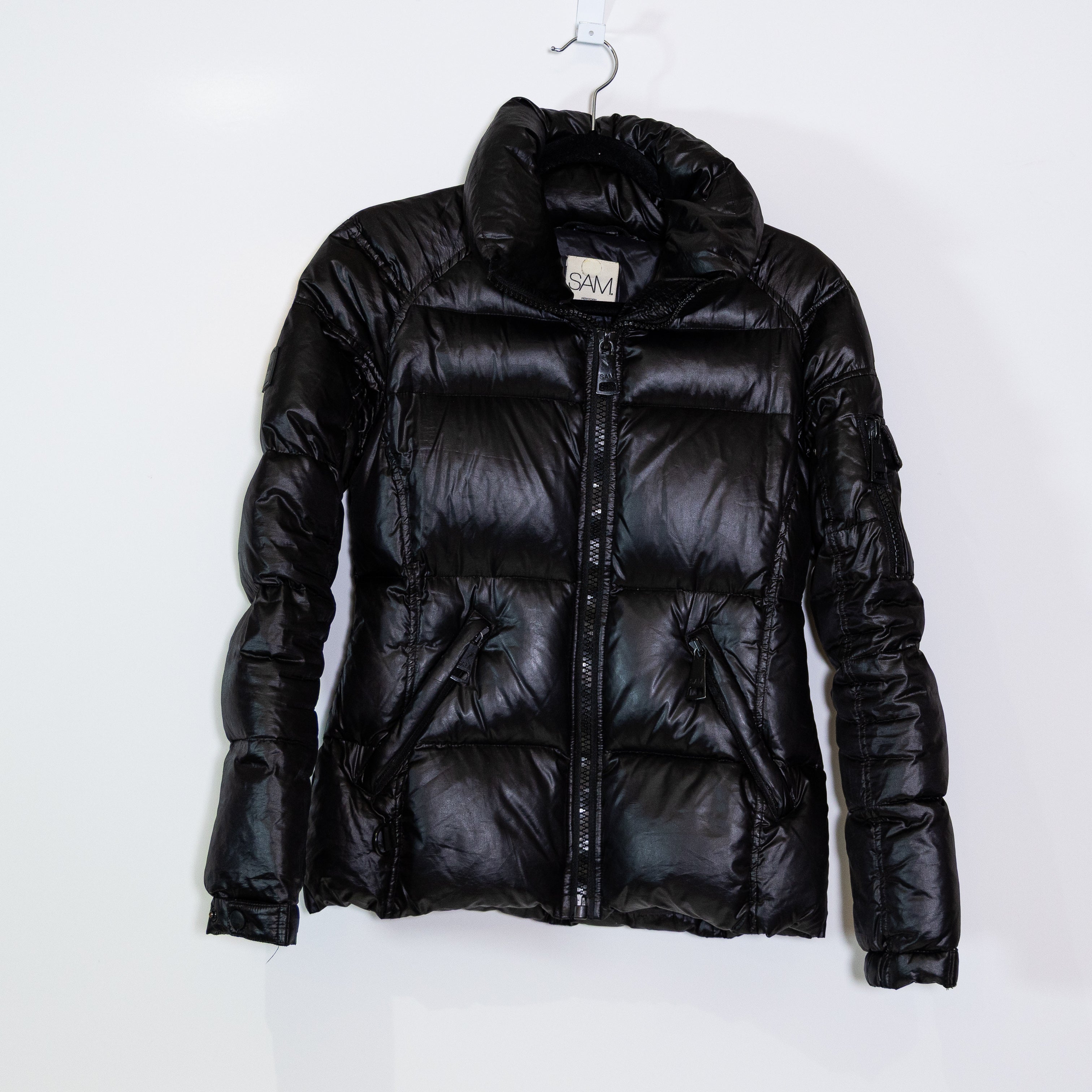 SAM Women's Feather Down Quilted Full Zip High Neck Puffer Jacket Black Small