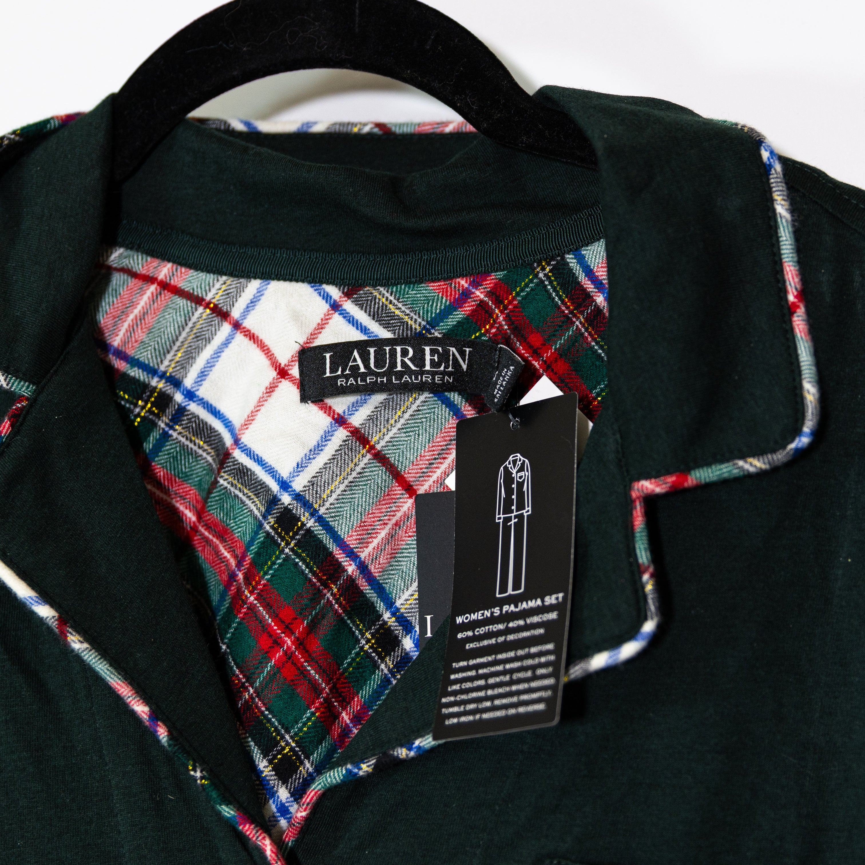 NEW Ralph Lauren Women's Cotton Blend Plaid Piping Button Down Pajama Shirt Top