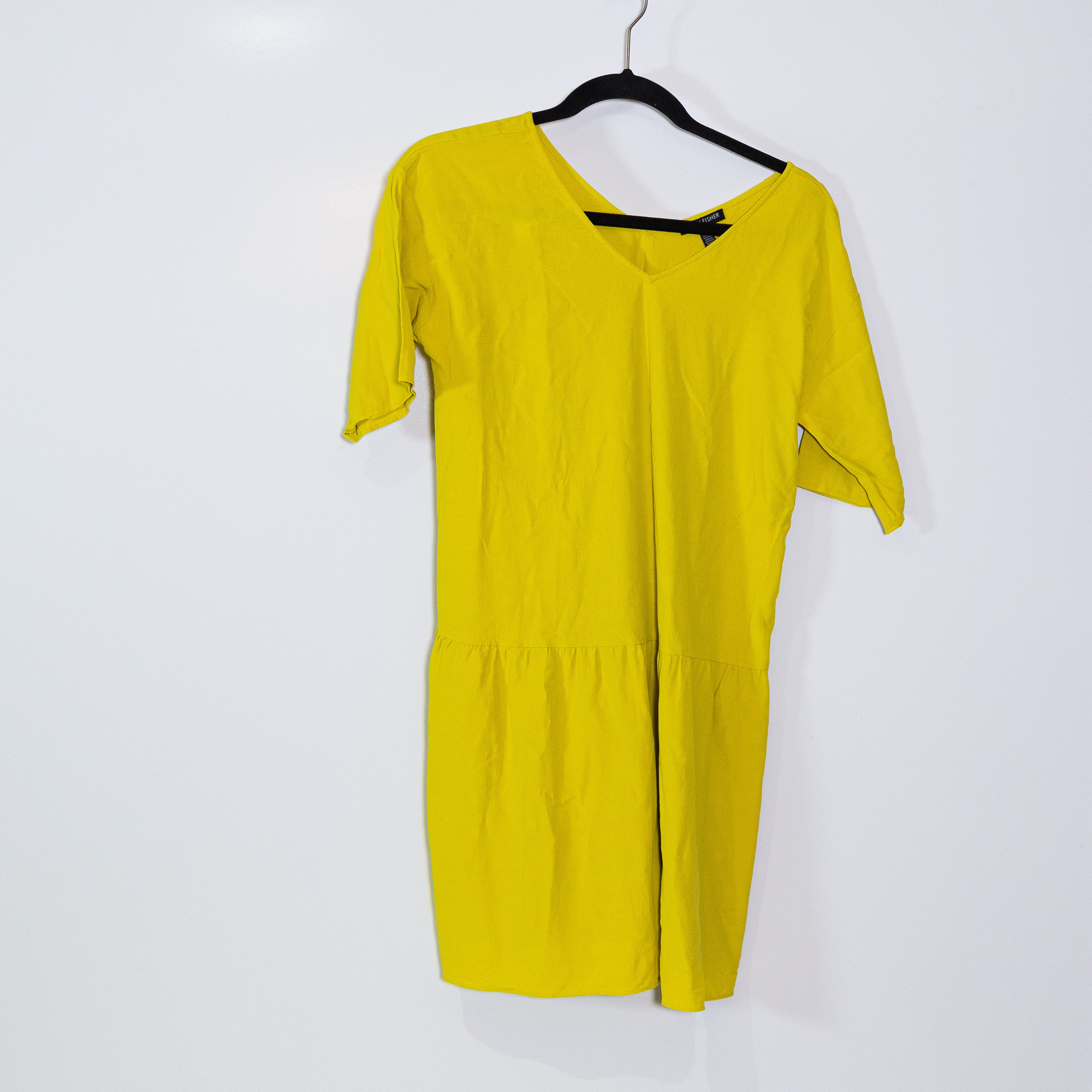 Eileen Fisher Crepe Textured V Neck Pullover Short Mini Ruffle Hem Yellow Dress