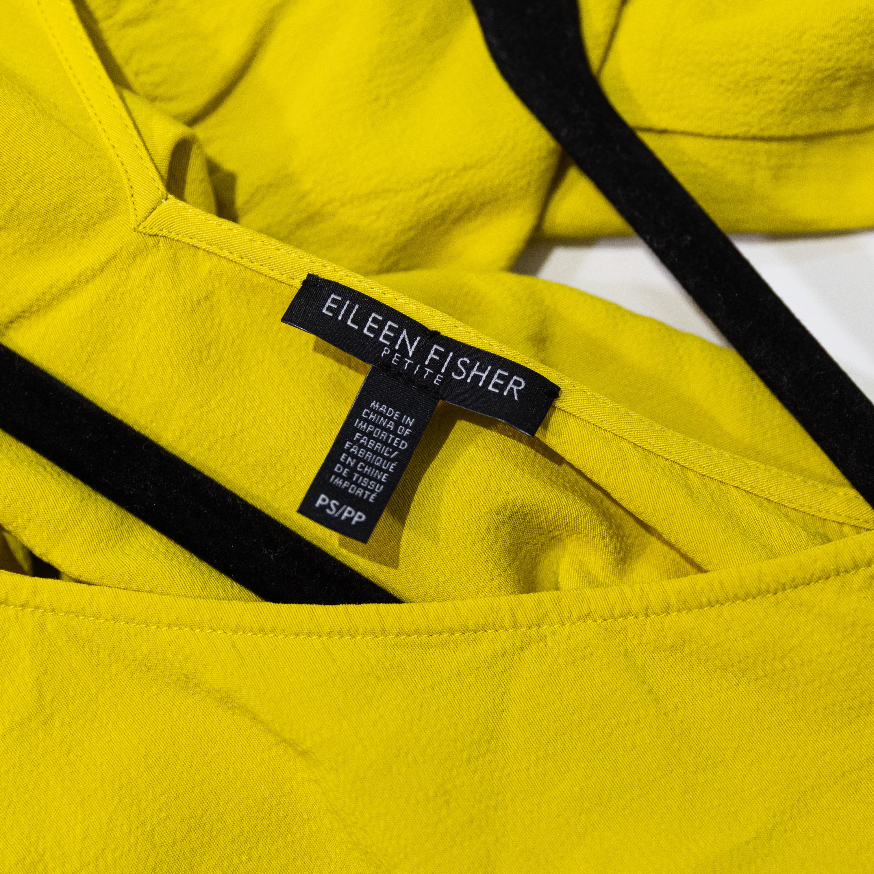 Eileen Fisher Crepe Textured V Neck Pullover Short Mini Ruffle Hem Yellow Dress