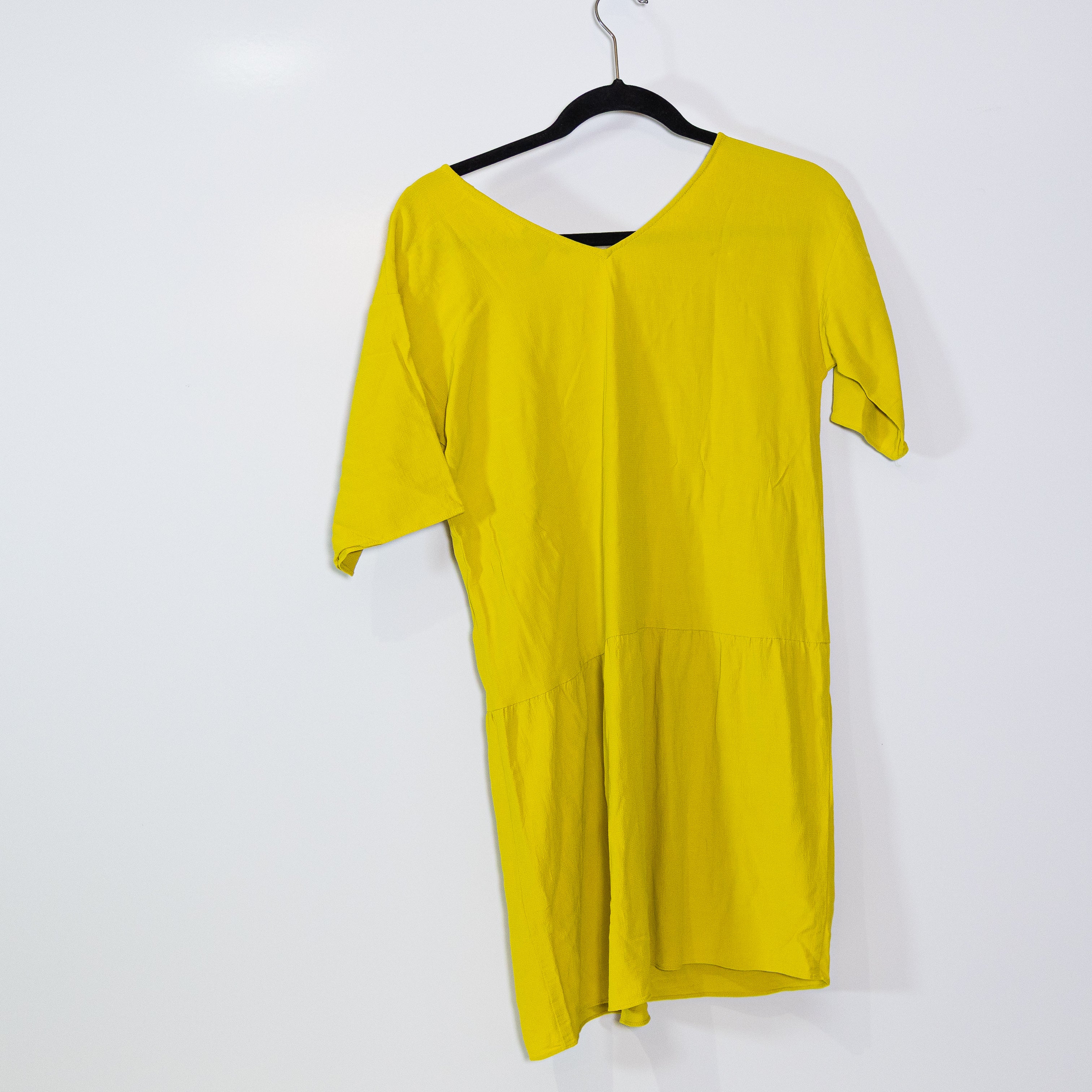 Eileen Fisher Crepe Textured V Neck Pullover Short Mini Ruffle Hem Yellow Dress