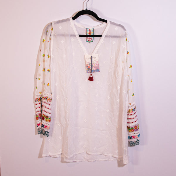 NEW Johnny Was Simple Allover Floral Flower Embroidered Long Sleeve Tunic Blouse