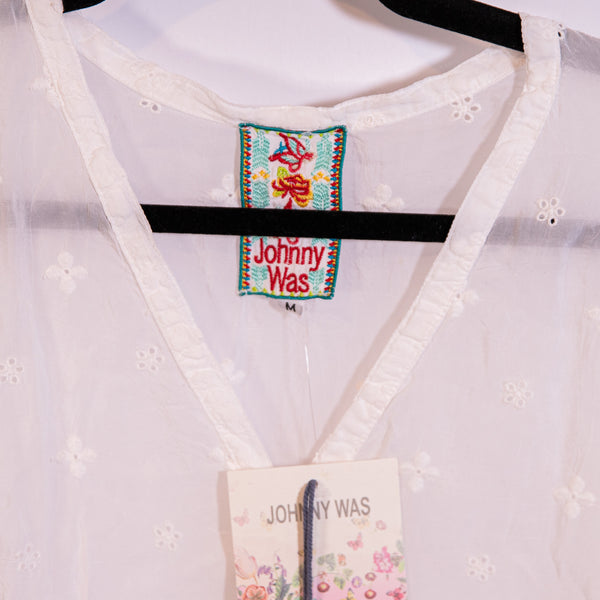 NEW Johnny Was Simple Allover Floral Flower Embroidered Long Sleeve Tunic Blouse