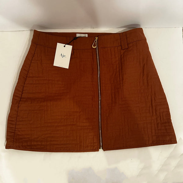 NEW Aje Surrealist Quilted Cotton Linen Texture Front Zip Mini Skirt Tawny Brown