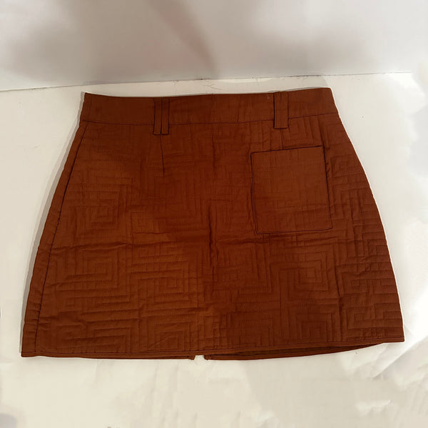 NEW Aje Surrealist Quilted Cotton Linen Texture Front Zip Mini Skirt Tawny Brown