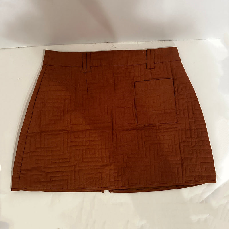 NEW Aje Surrealist Quilted Cotton Linen Texture Front Zip Mini Skirt Tawny Brown