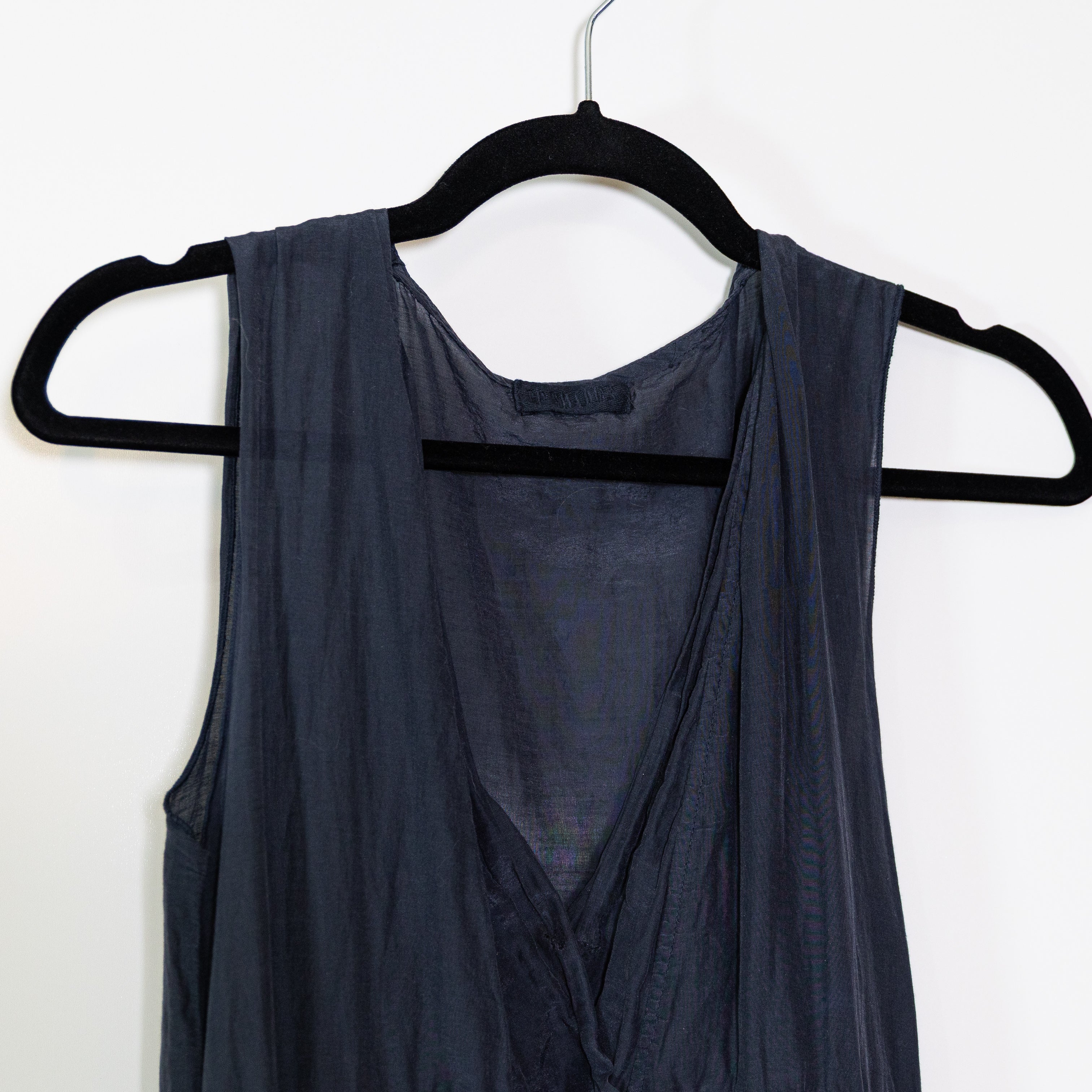 CP Shades Cotton Silk Lightweight Pleated VNeck Sleeveless Tie Waist Dress Blue