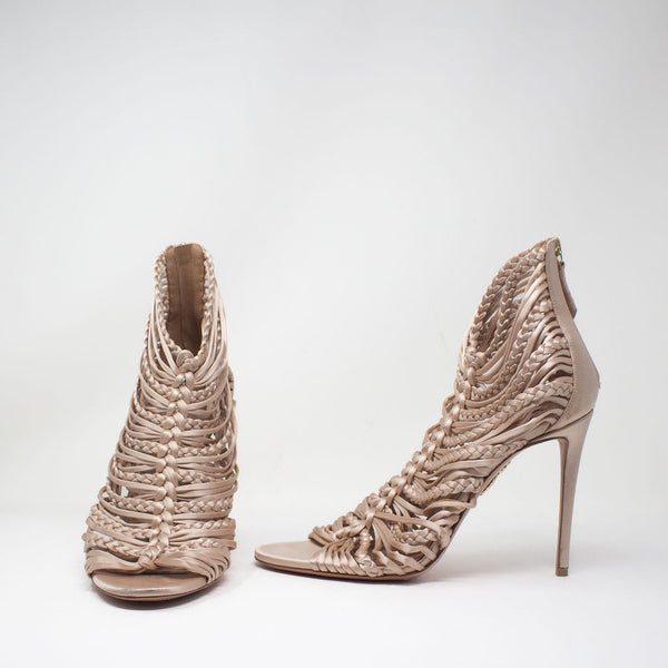 Aquazzura Goddess 105 Satin Braided Crochet Strappy Cage High Heels Sandals 10