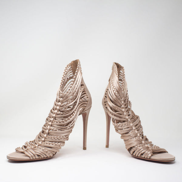 Aquazzura Goddess 105 Satin Braided Crochet Strappy Cage High Heels Sandals 10