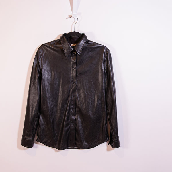 Babaton Aritzia Faux Vegan Leather Collared Button Down Shirt Solid Black Small