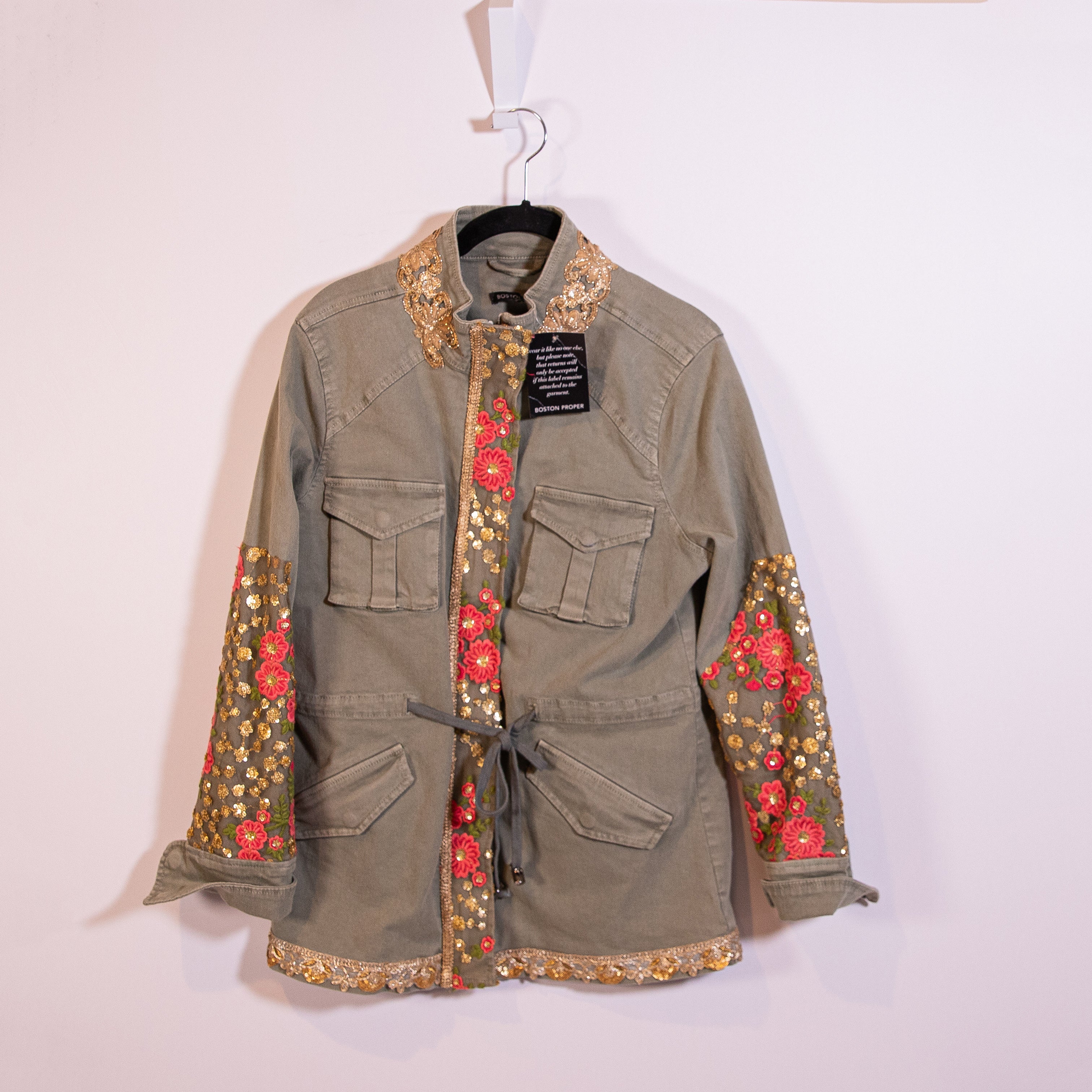 NEW Boston Proper Cotton Metallic Floral Flower Embroidered Utility Jacket Coat