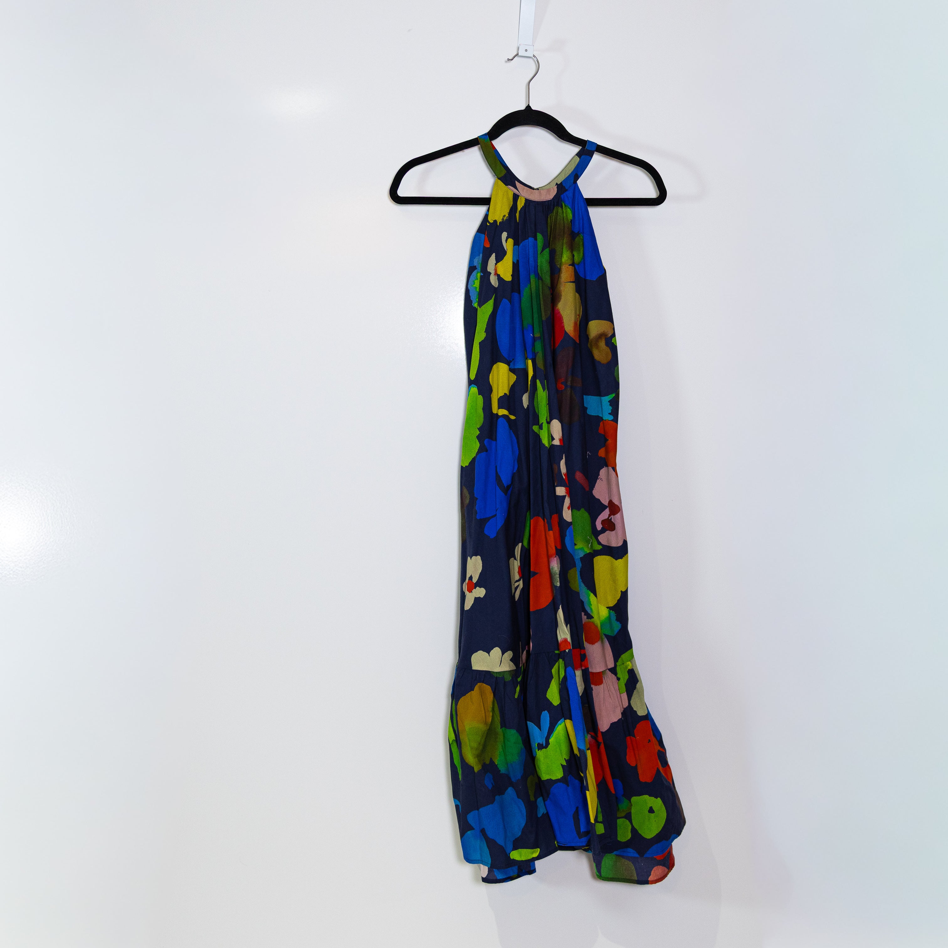 Whit Two Floral Flower Abstract Print Pattern Cotton Halter Midi Pullover Dress