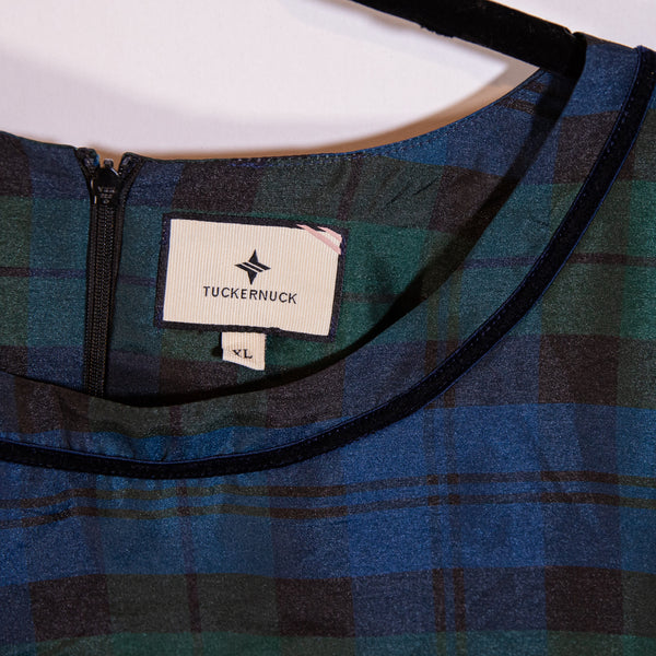 Tuckernuck Jamie Velvet Trimmed Blackwatch Green Blue Tartan Plaid Print Dress