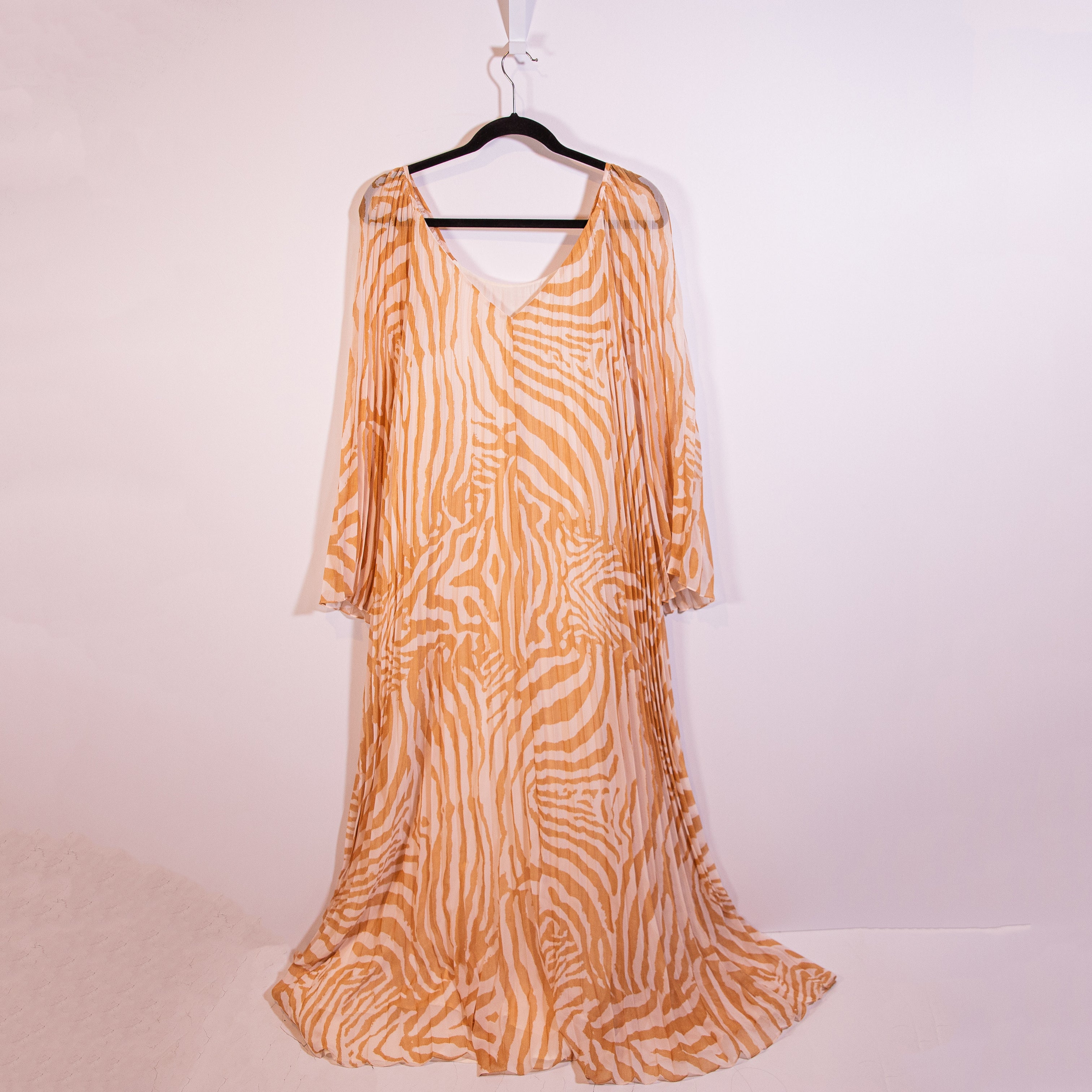 Sezane Julietta Chiffon Accordion Pleated Zebra Animal Print Pattern Maxi Dress