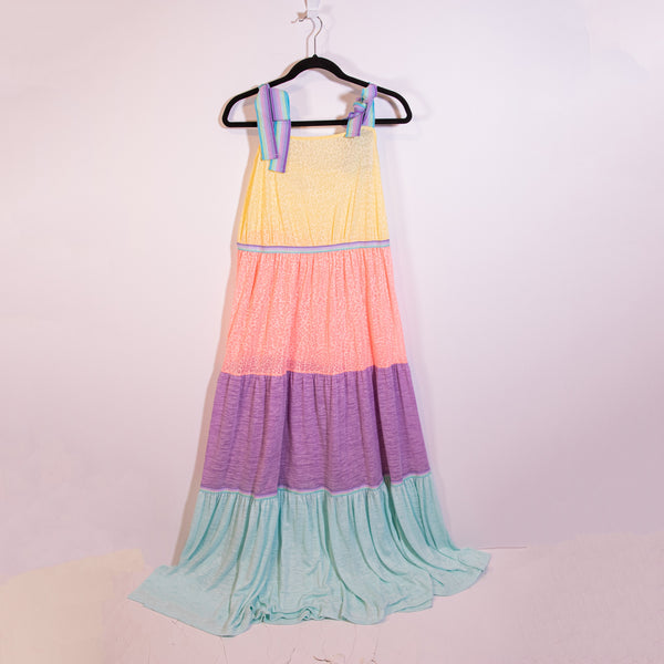 Pitusa Rainbow Yellow Pink Purple Blue Pastel Tiered Long Maxi Pullover Dress