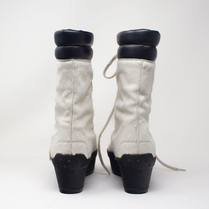 Tod's Gommini Zeppa Genuine Calf Hair Platform Lace Up Winter Boots Shoes White