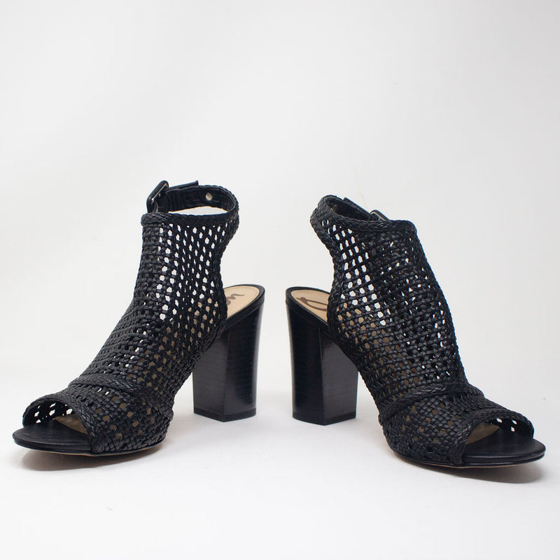 Sam Edelman Evie Black Leather Basket Weave Crochet Open Toe High Heels Shoes 7