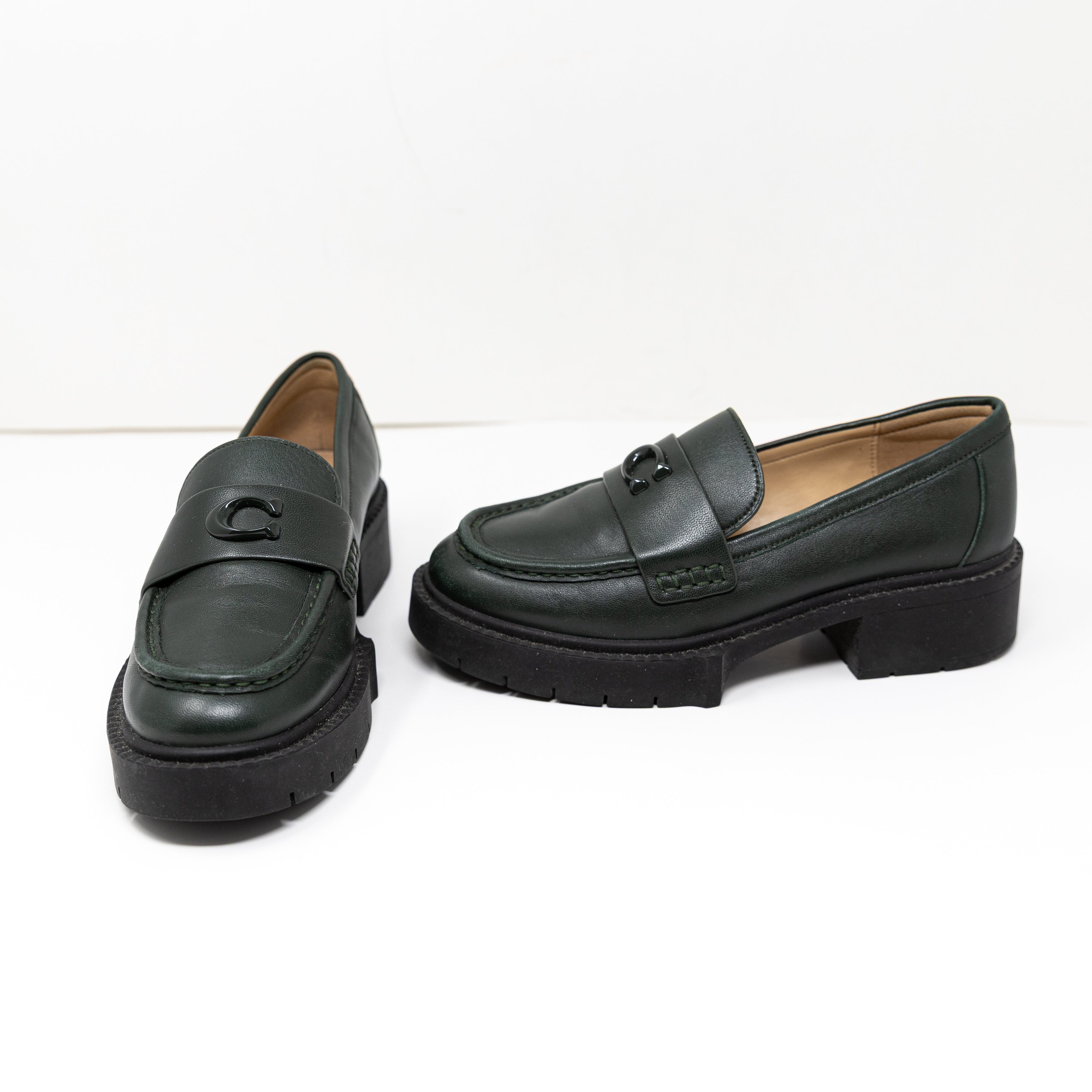 NEW Coach Leah Genuine Leather Lug Sole Slip On Loafers Flats Shoes Green 5.5