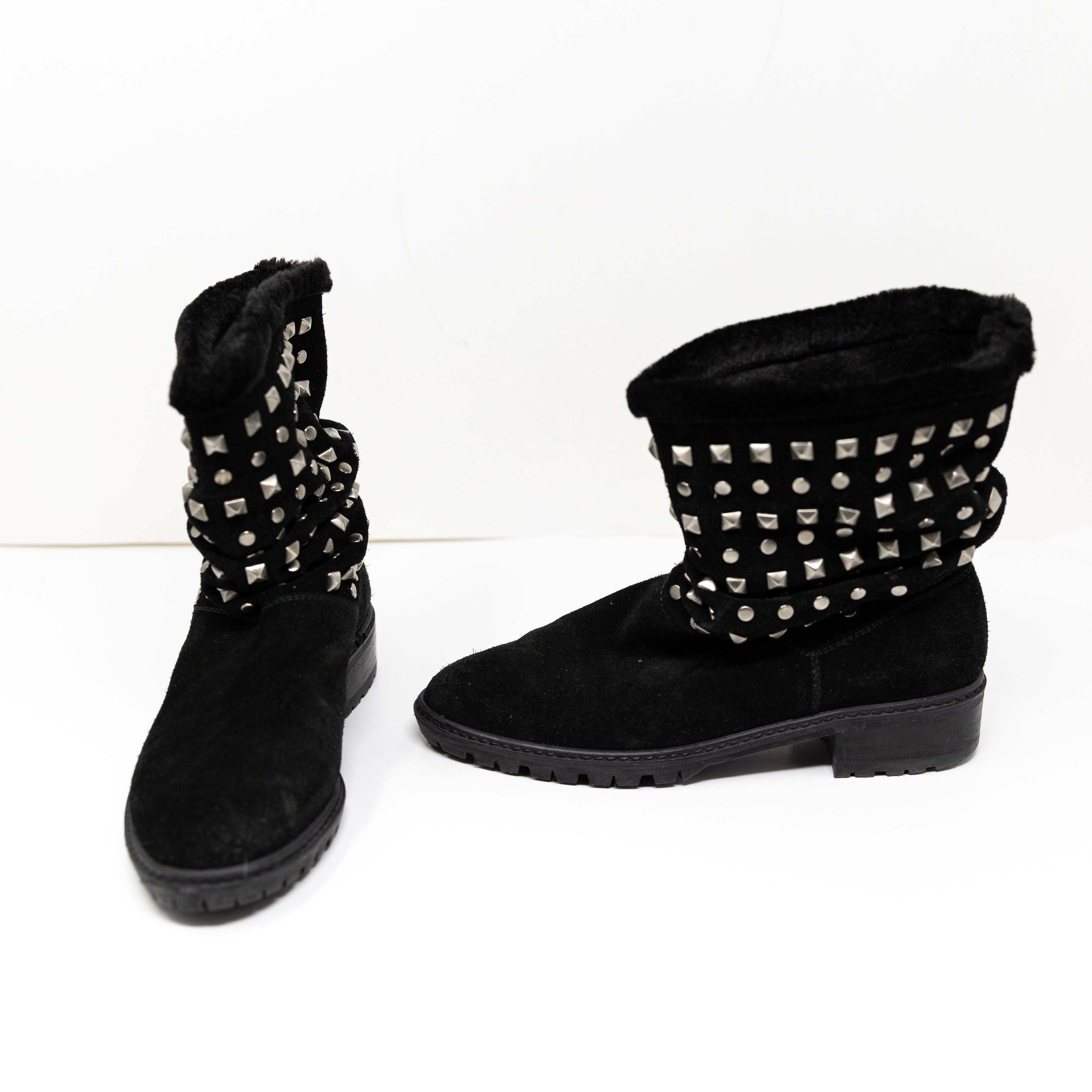 Stuart Weitzman Arctica Suede Shearling Lined Studded Embellished Slouch Boots