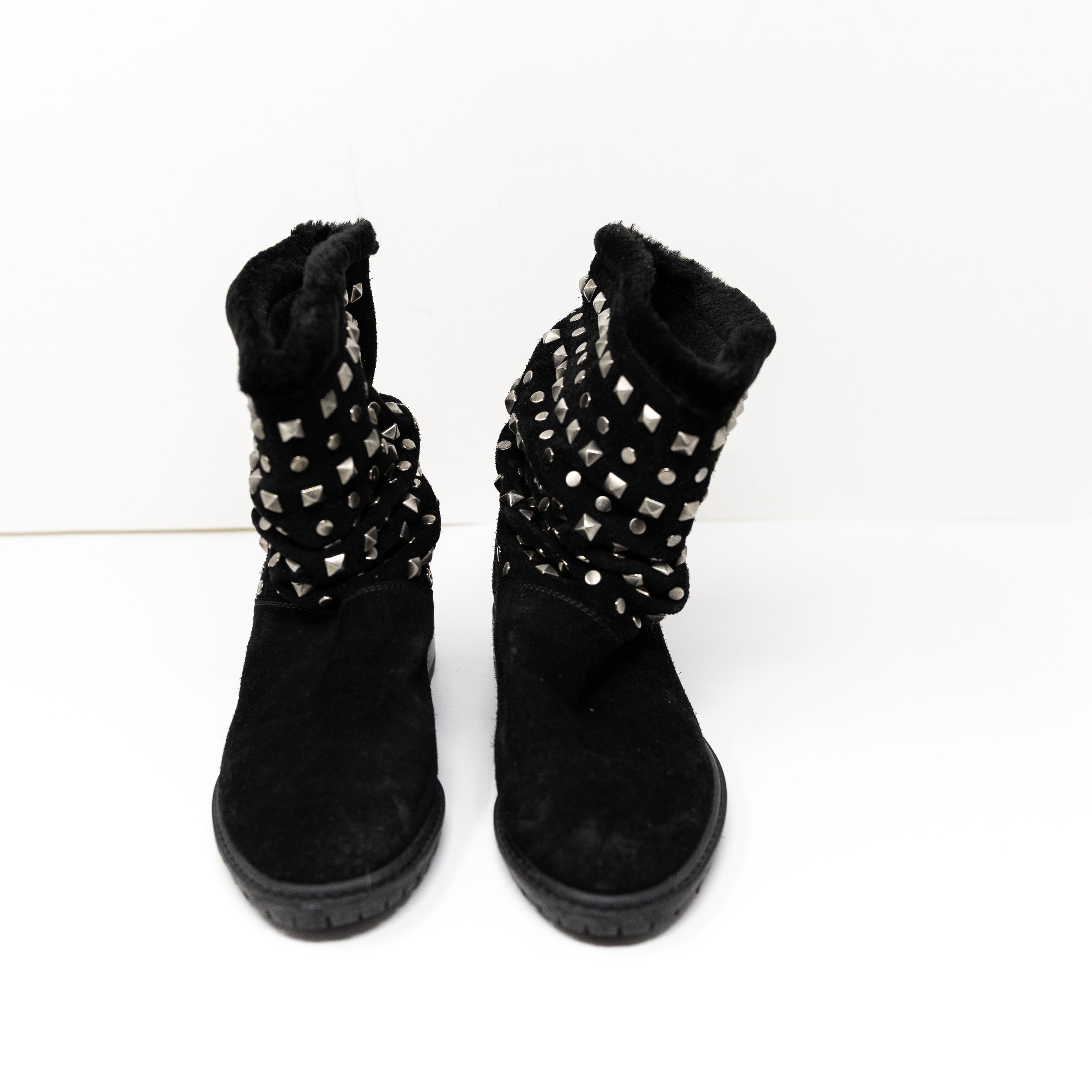 Stuart Weitzman Arctica Suede Shearling Lined Studded Embellished Slouch Boots