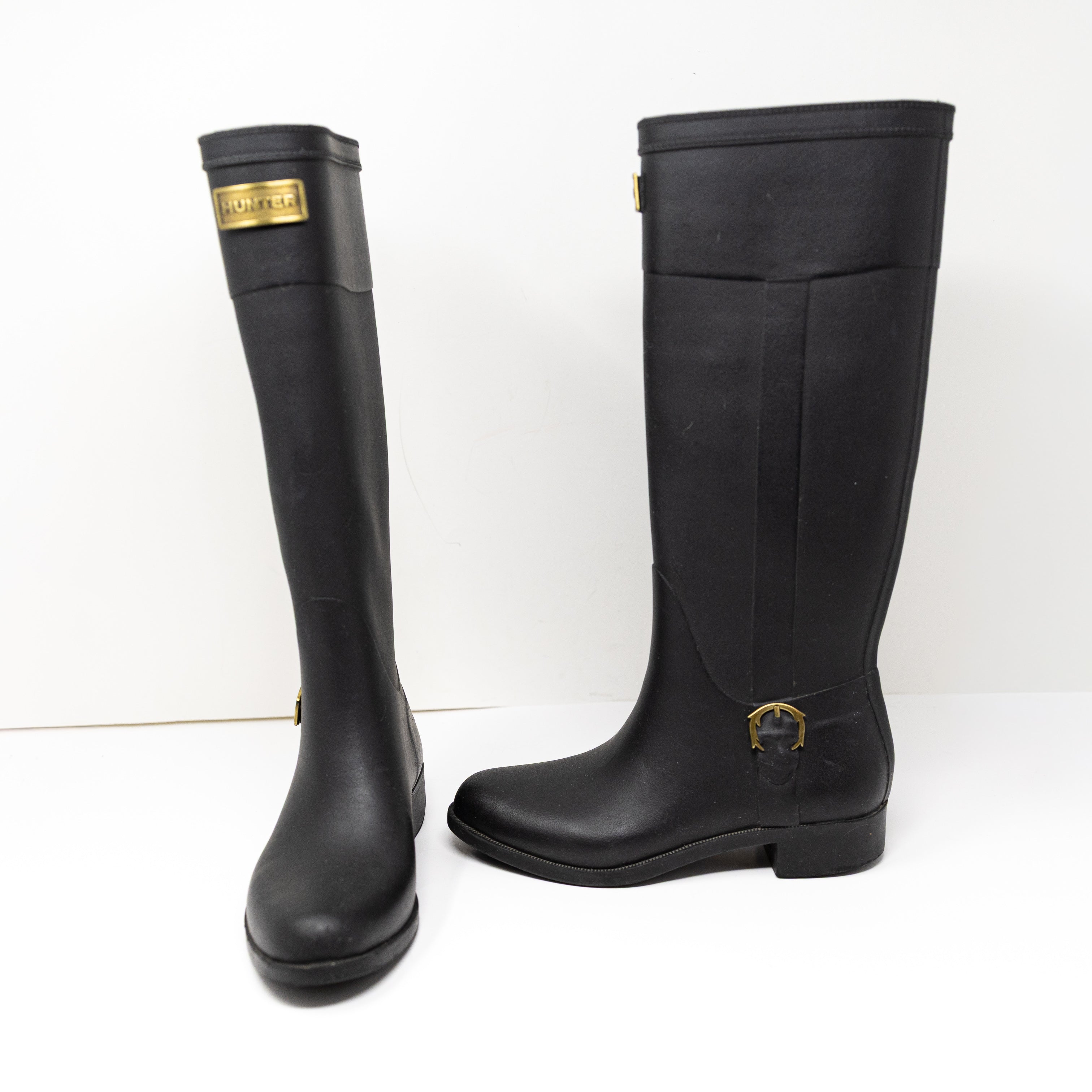 NEW Hunter Belsize Waterproof Knee High Gold Logo Rubber Rain Boots Shoes Black