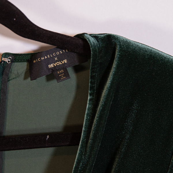 Michael Costello Revolve Geneva Velvet Velour Ruched Draped Emerald Green Dress