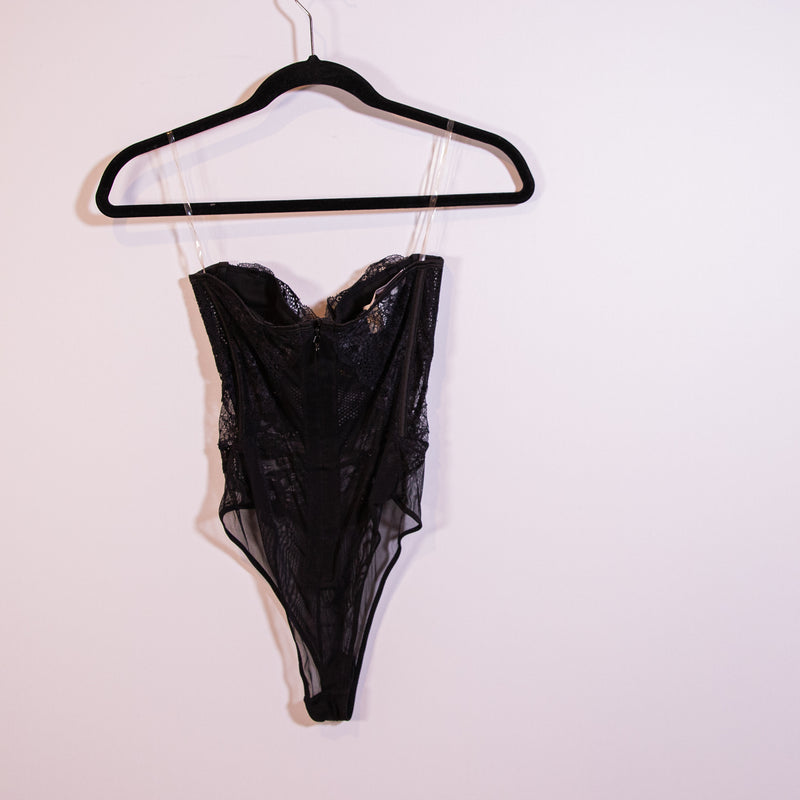 House Of CB Isa Semi Sheer Crochet Lace Strapless Bustier Bodysuit Black XS