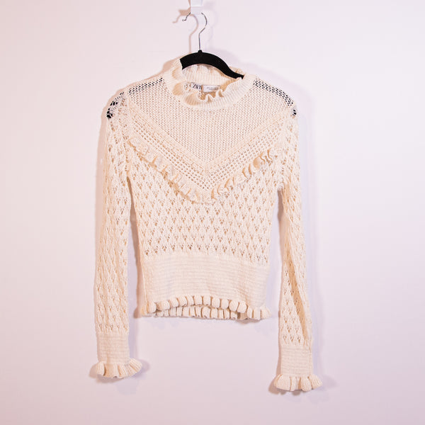 Zara Women's Cotton Blend Crochet Knit Ruffle Long Sleeve Pullover Sweater Ivory