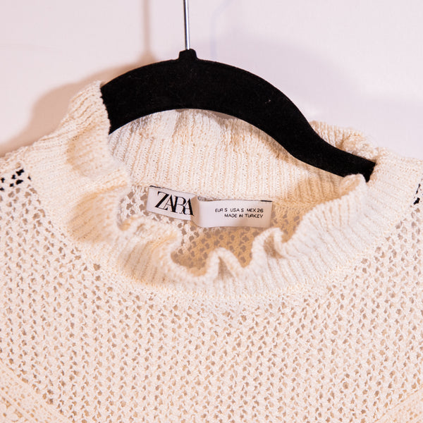 Zara Women's Cotton Blend Crochet Knit Ruffle Long Sleeve Pullover Sweater Ivory