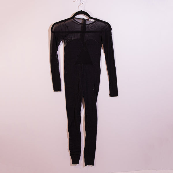 Zara Ribbed Knit Stretch Sheer Mesh Sweetheart Neckline Jumpsuit Jumper Black XS