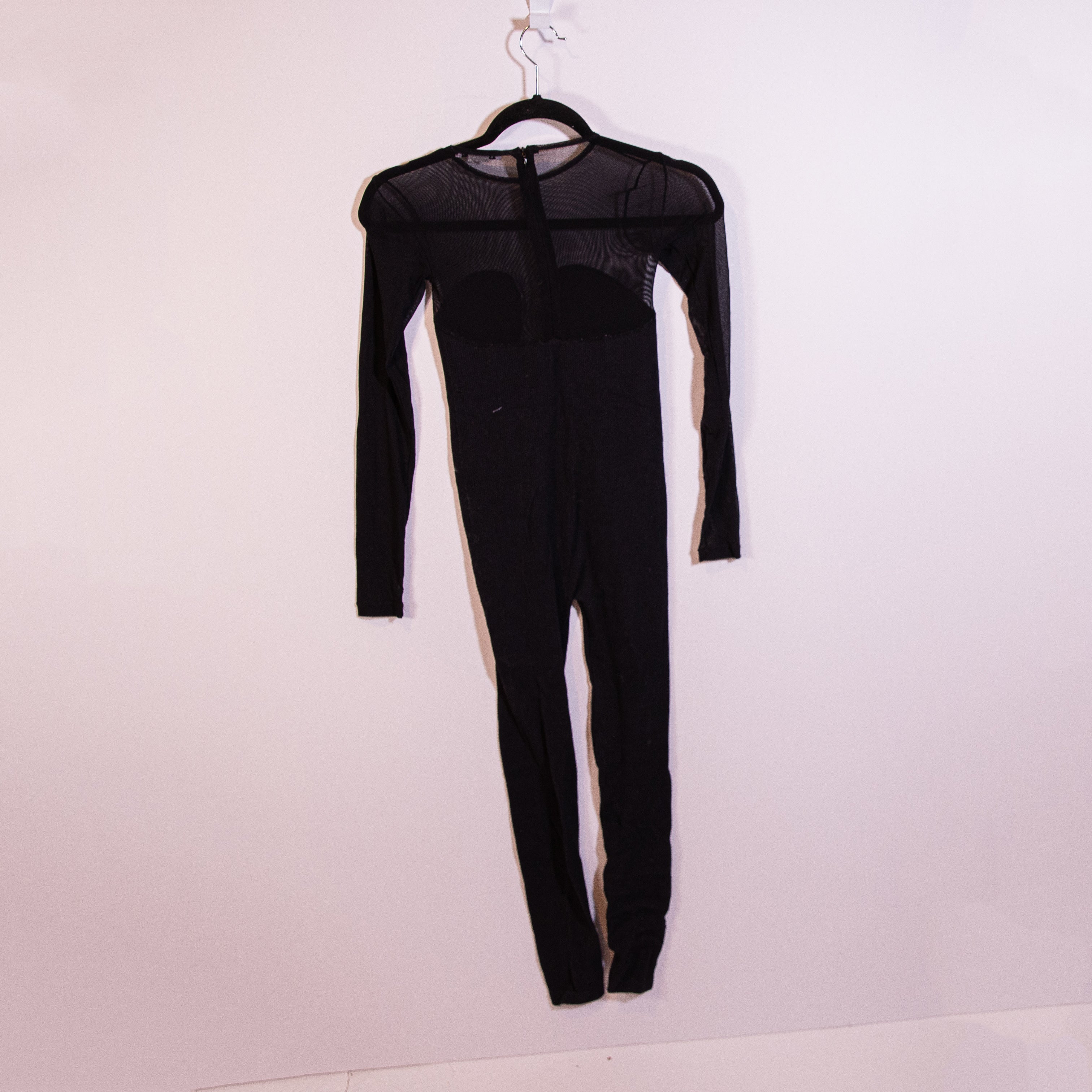 Zara Ribbed Knit Stretch Sheer Mesh Sweetheart Neckline Jumpsuit Jumper Black XS