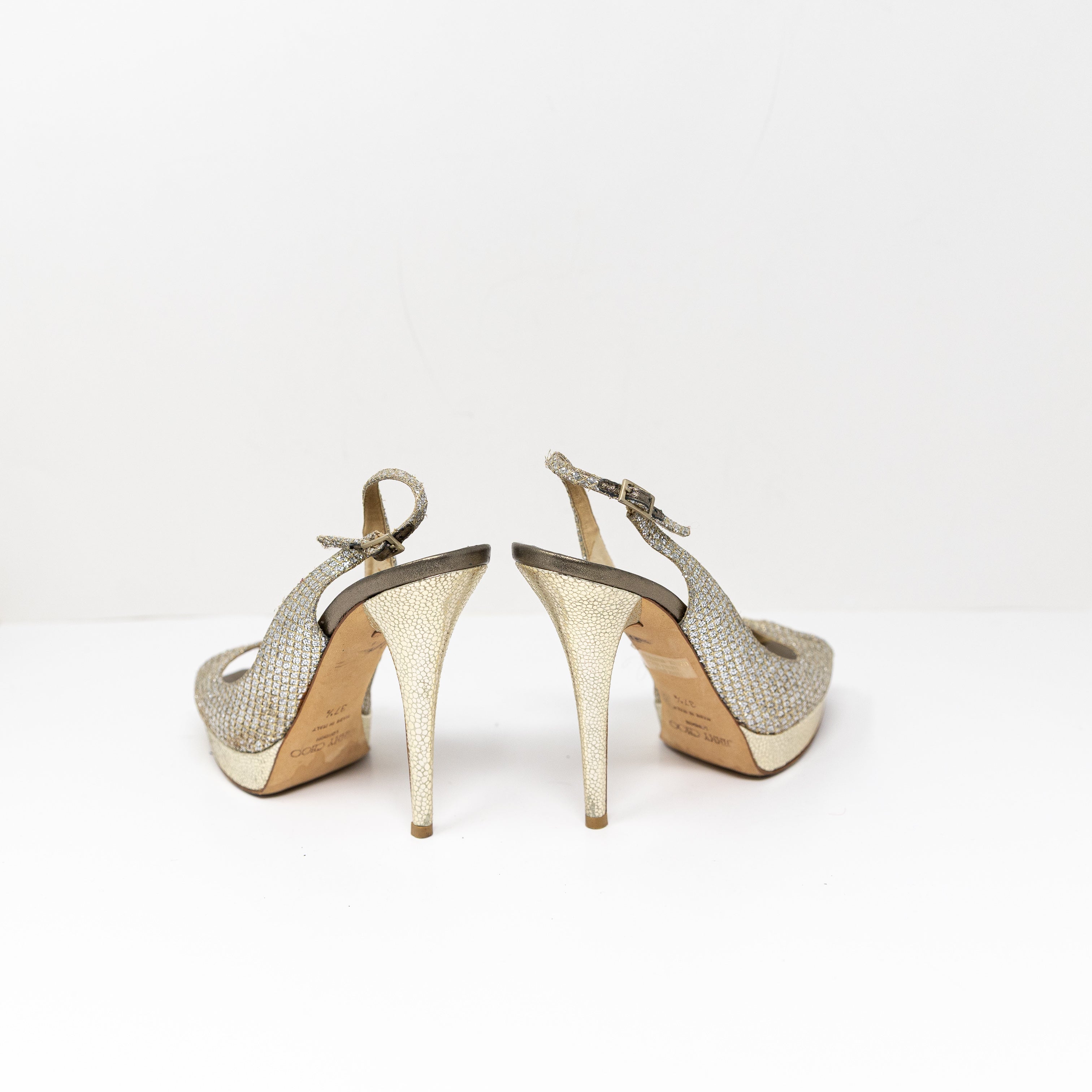 Jimmy Choo Clue Slingback Peep Toe Platform High Heels Shoes Champagne Gold 7.5