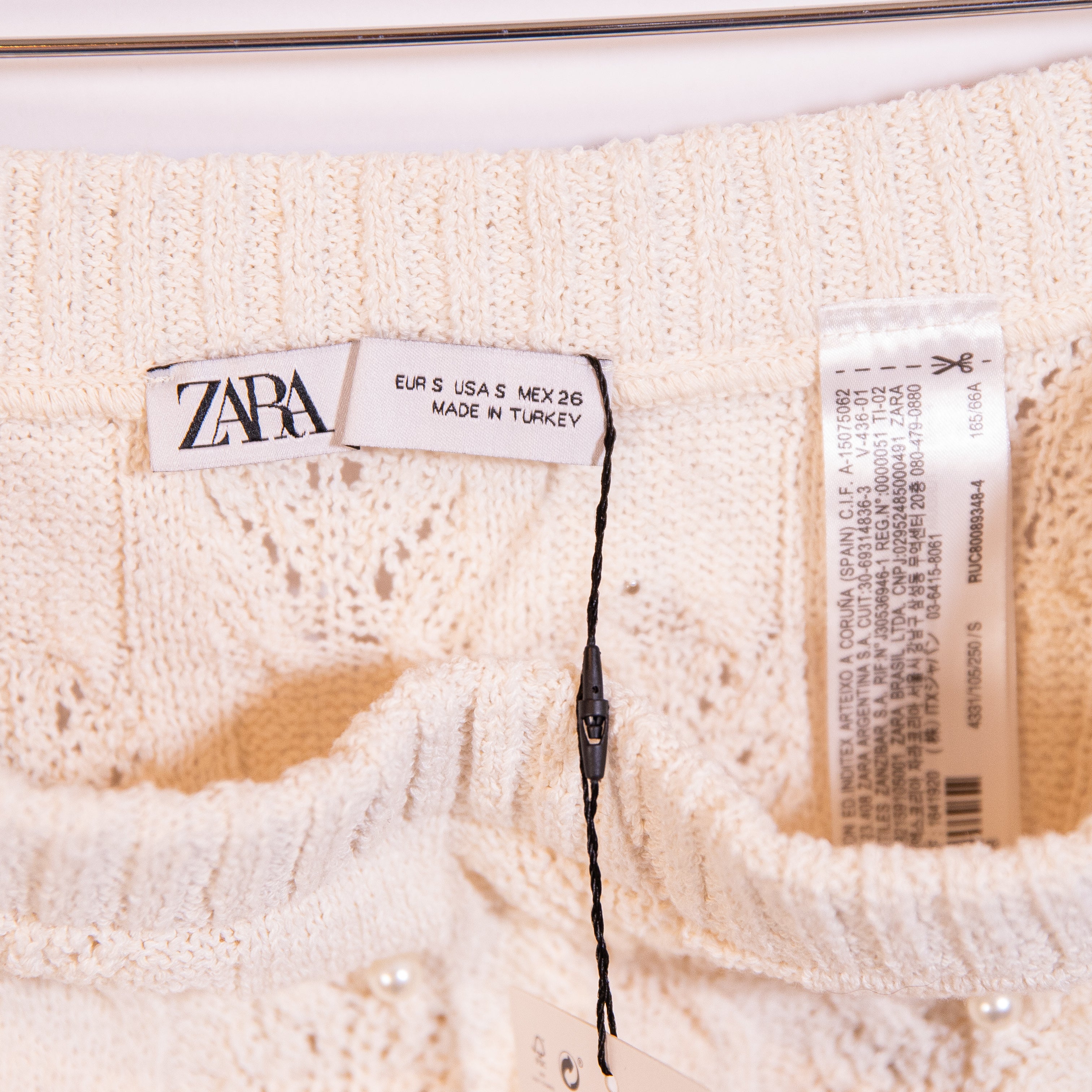 NEW Zara Cotton Blend Crochet Knit Pearl Beaded Embellished Sweater Skirt Ivory