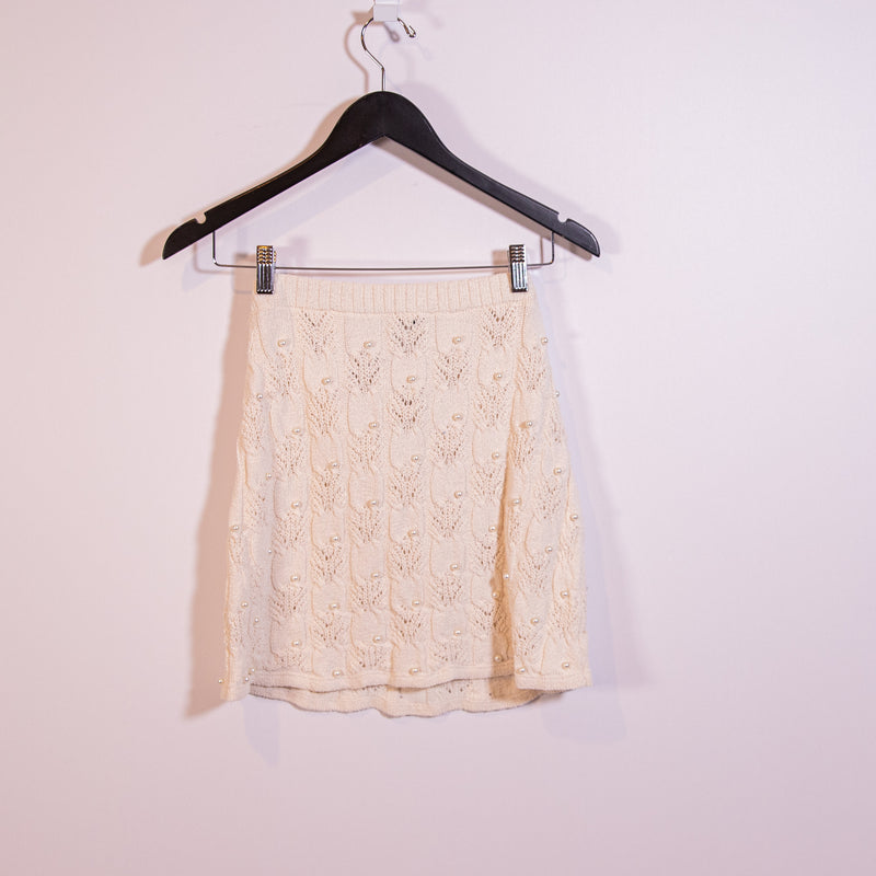NEW Zara Cotton Blend Crochet Knit Pearl Beaded Embellished Sweater Skirt Ivory