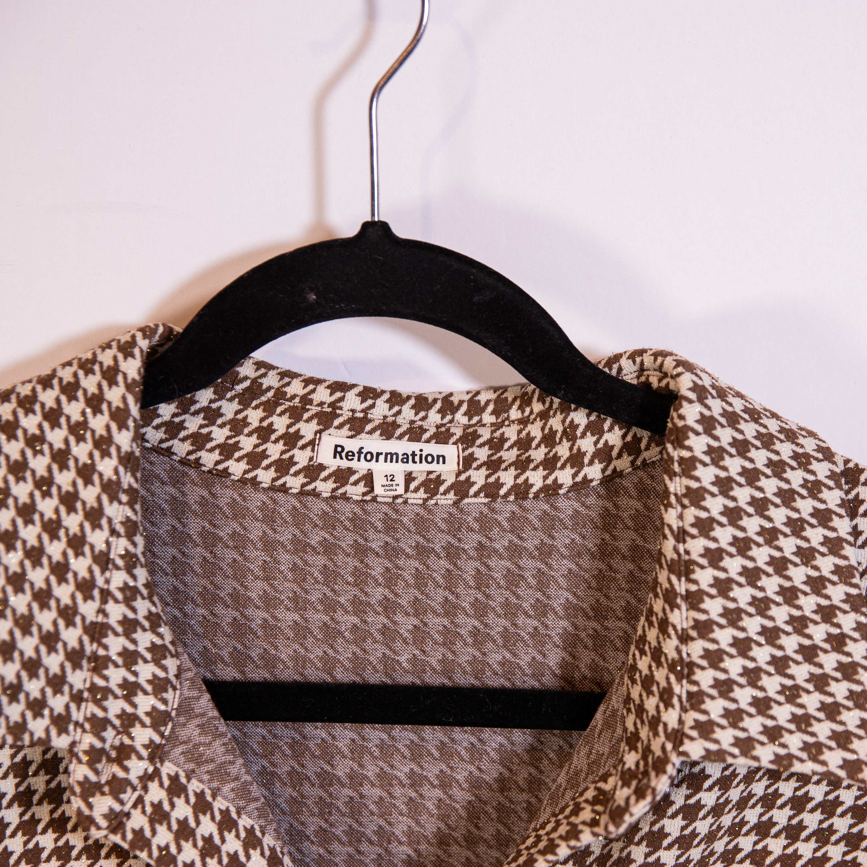 Reformation Brown Ivory Metallic Sparkle Houndstooth Print Pattern Collared Top