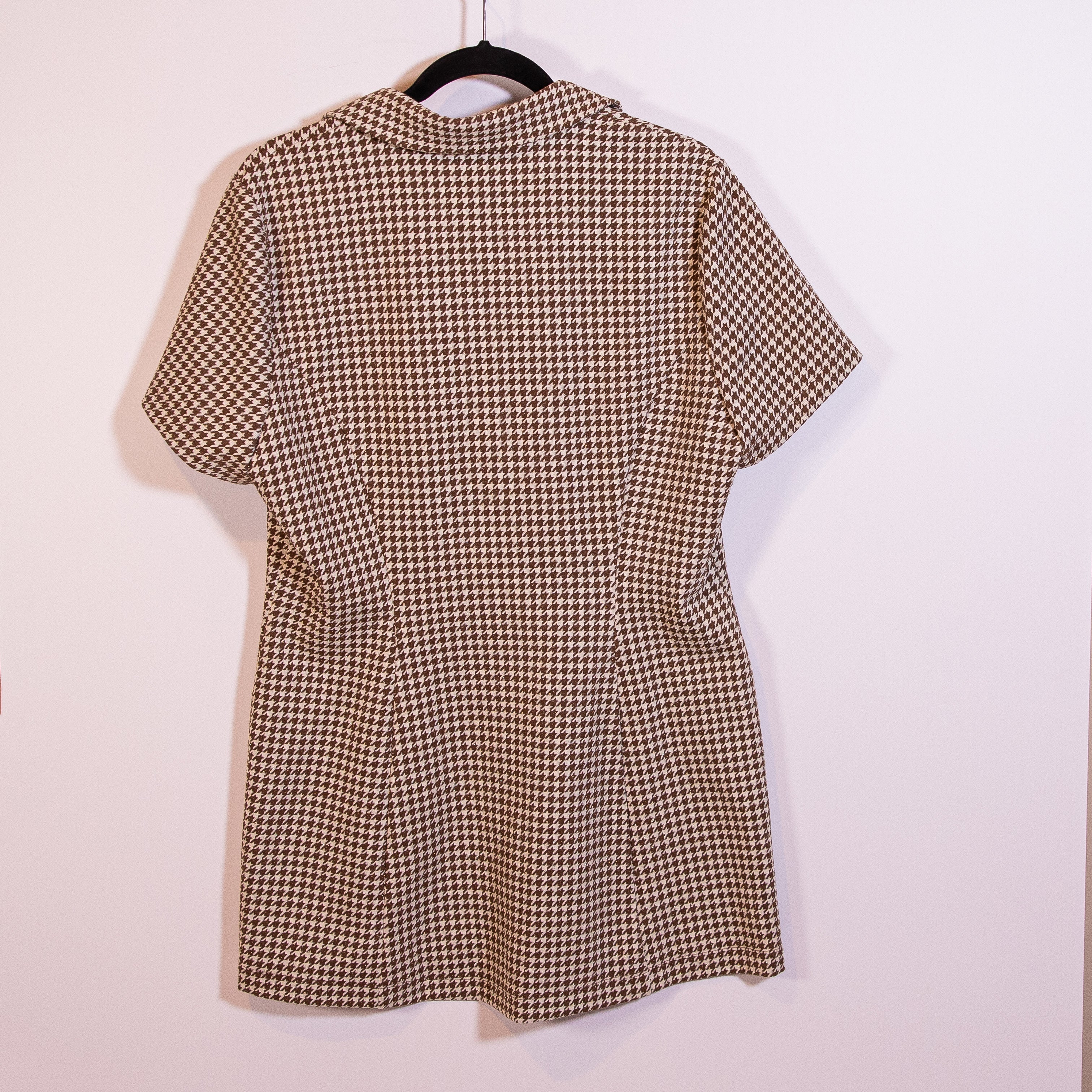 Reformation Brown Ivory Metallic Sparkle Houndstooth Print Pattern Collared Top
