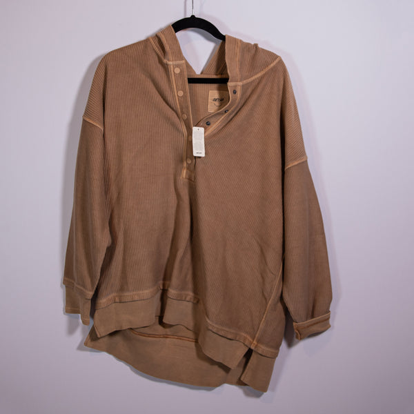 NEW Aerie American Eagle Textured Henley Cotton Knit Pullover Hoodie Sweater Tan