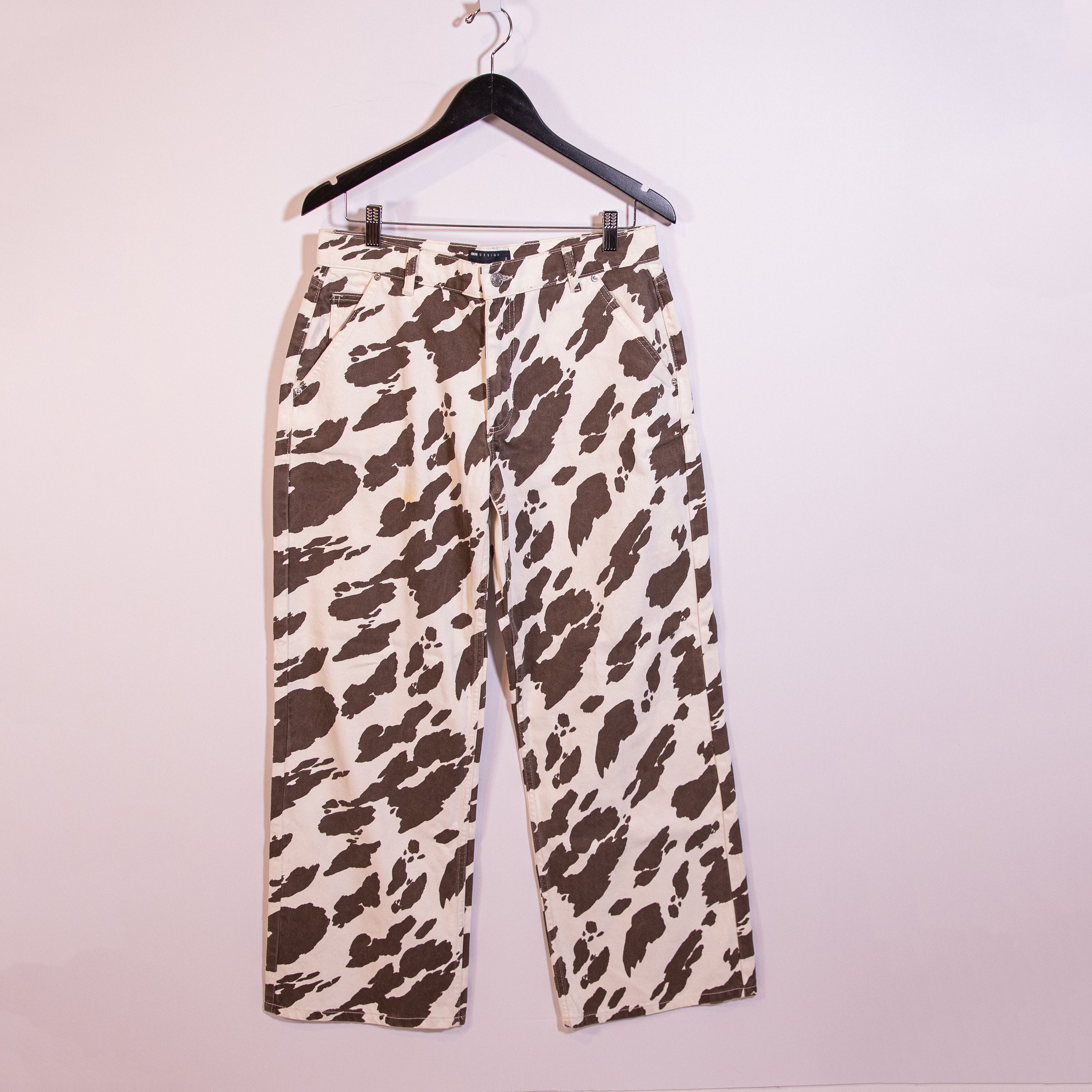ASOS Design Cotton Cow Animal Print Pattern Straight Leg Jeans Pants Brown 28