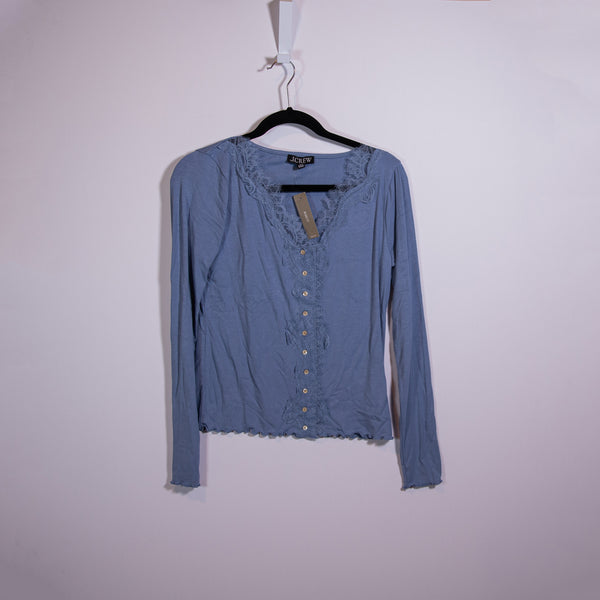NEW J. Crew Refined Rib Cardigan Button Front Top With Lace Trim Appliqué Blue