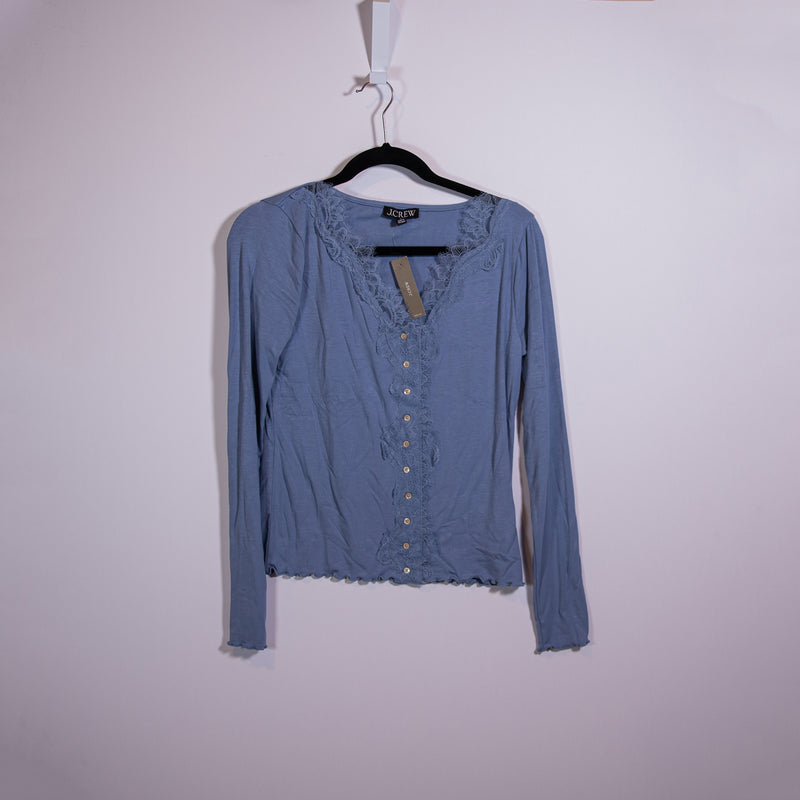 NEW J. Crew Refined Rib Cardigan Button Front Top With Lace Trim Appliqué Blue
